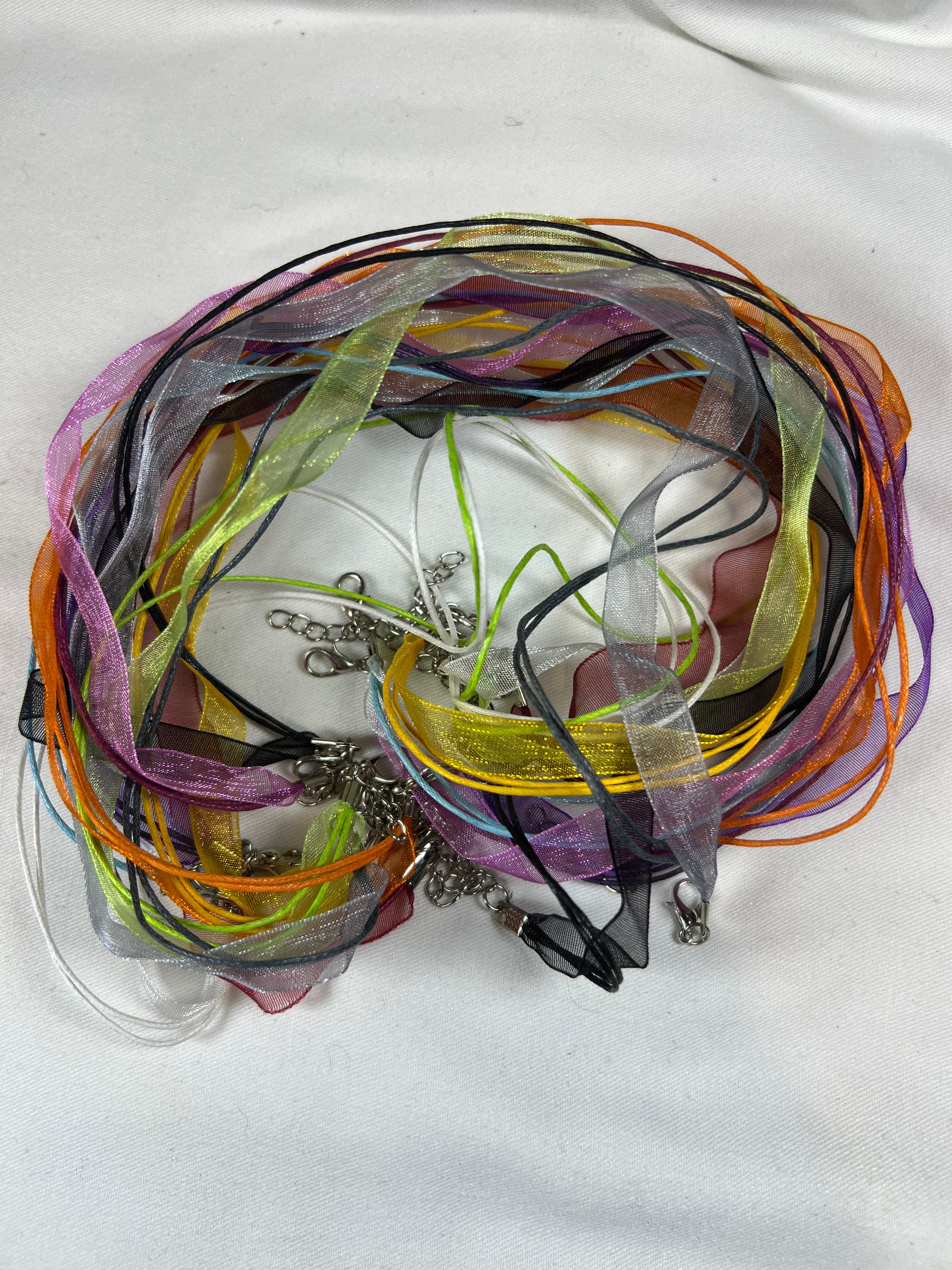 10 Organza Ribbon & Waxed Cord Necklaces Mixed Colors