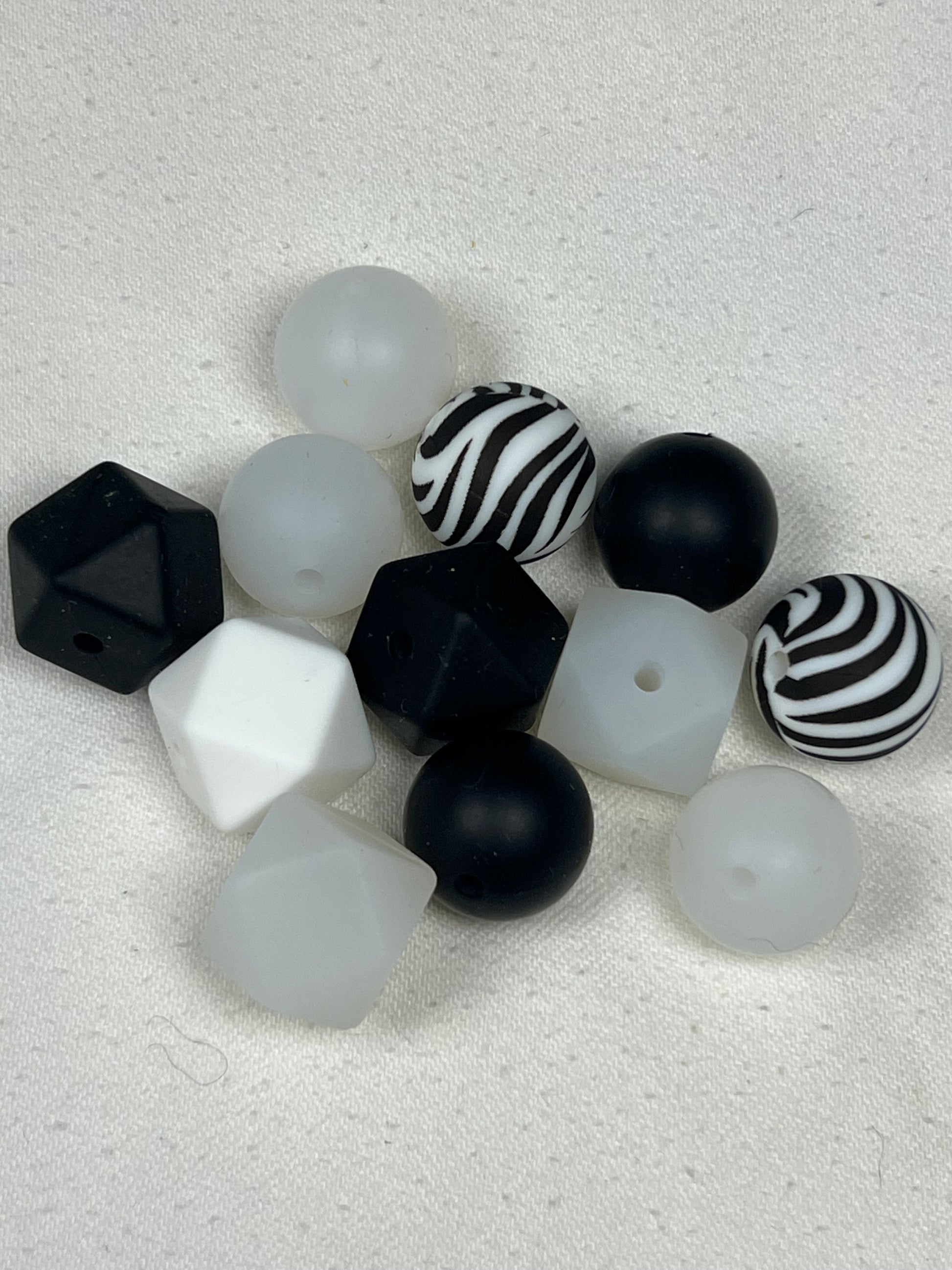 12 Silicone Beads in Zebra Mix Mixed Shapes & Sizes