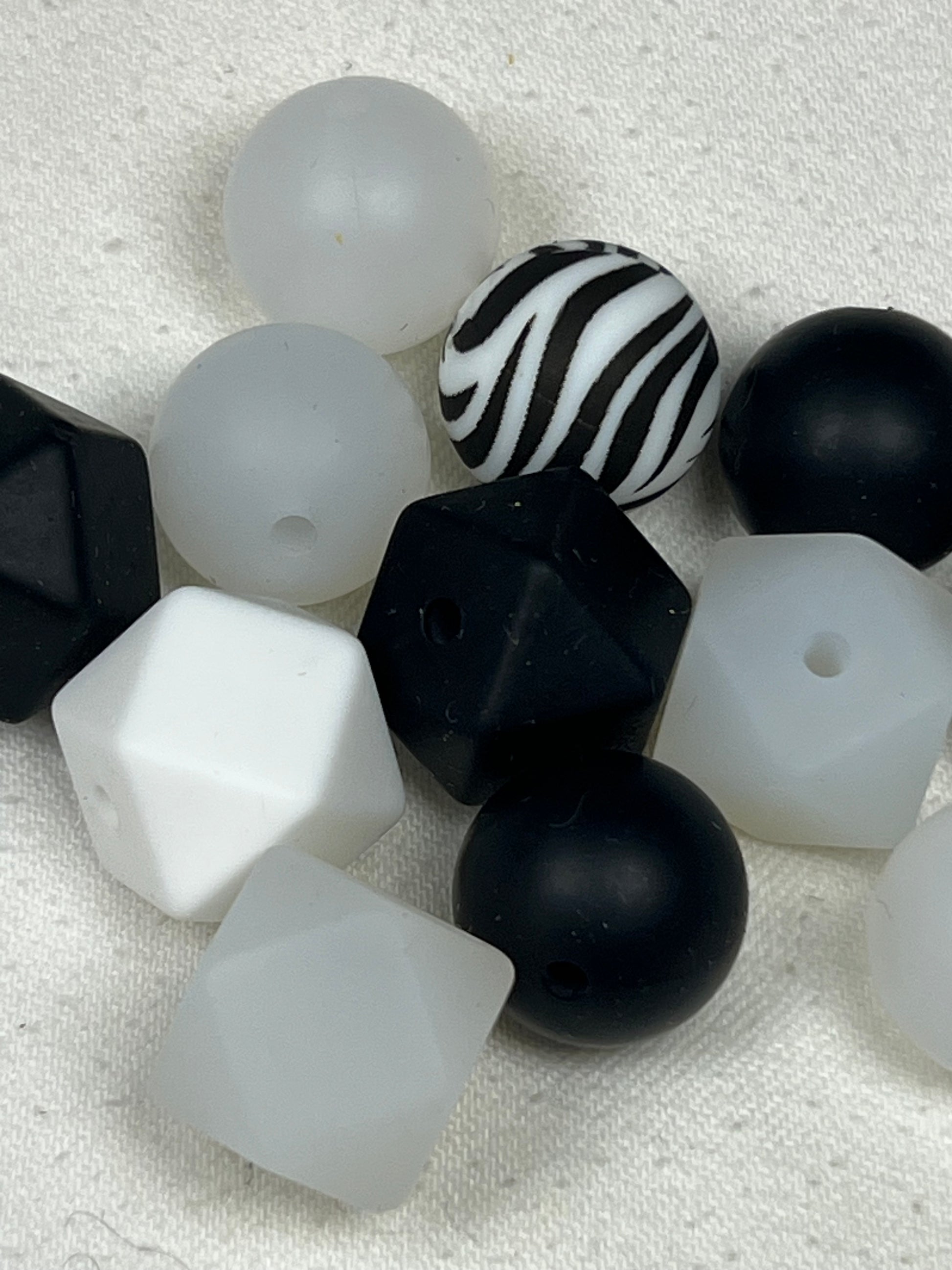 12 Silicone Beads in Zebra Mix Mixed Shapes & Sizes