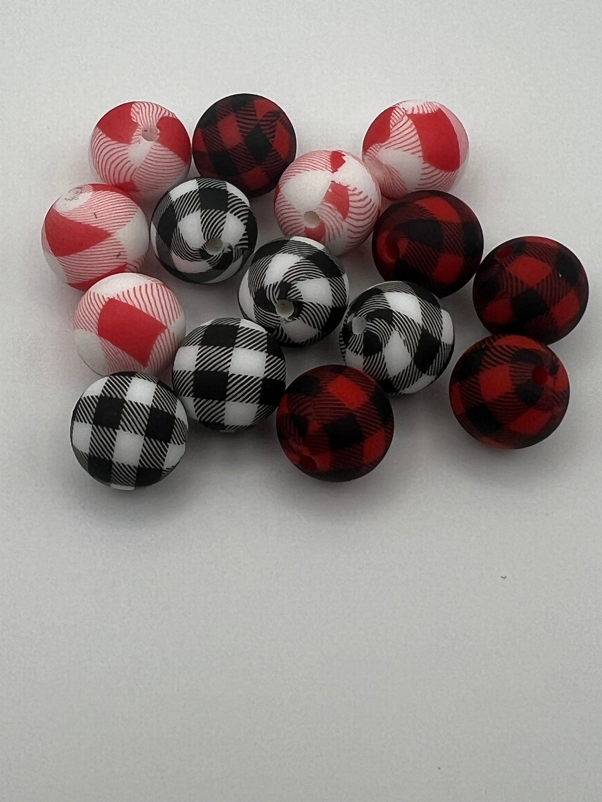 15 15mm Tartan/Plaid Printed Silicone Beads Mixed Colors