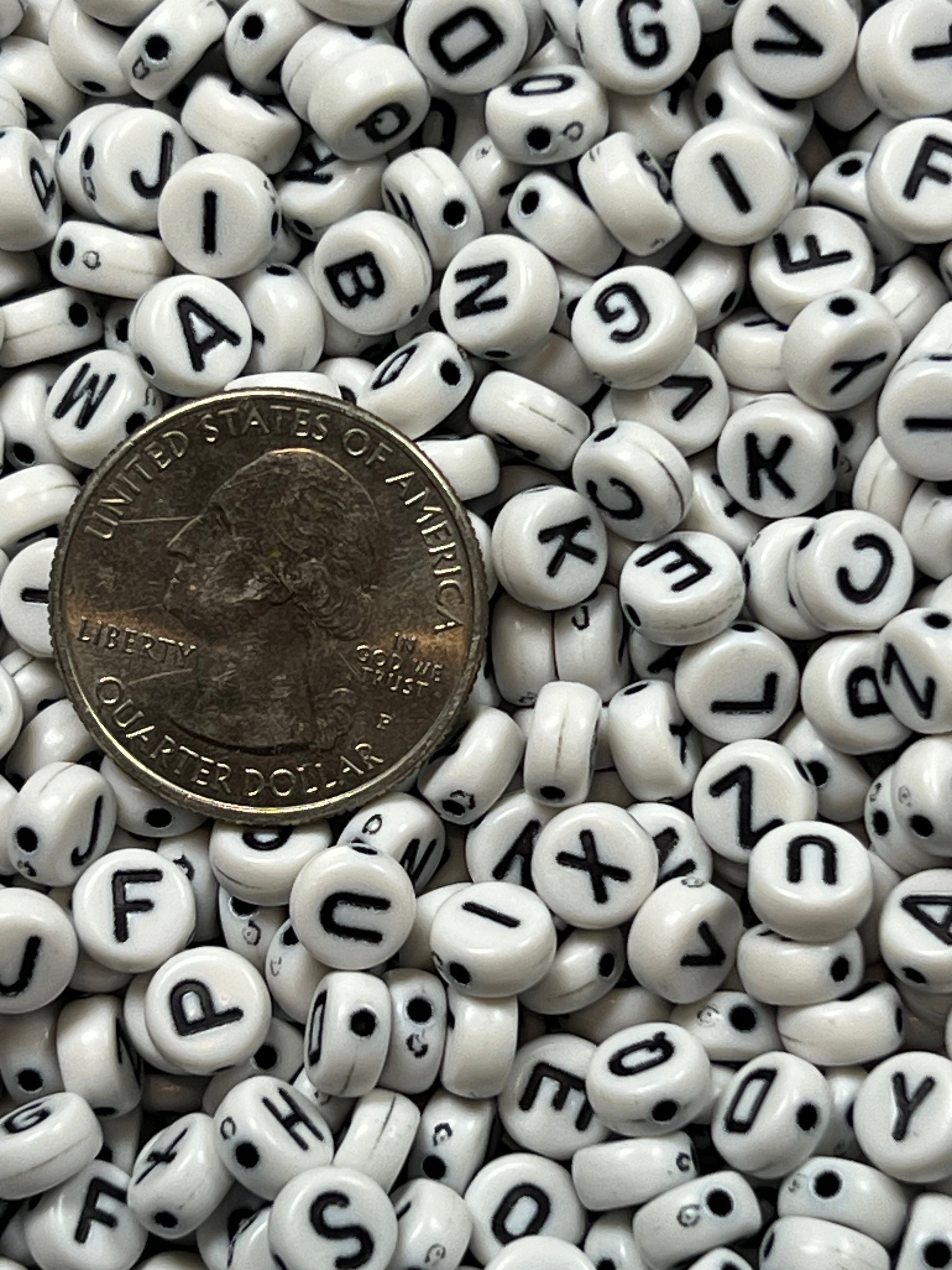 100 Acrylic Flar Round Letter Beads White w/Black Letters