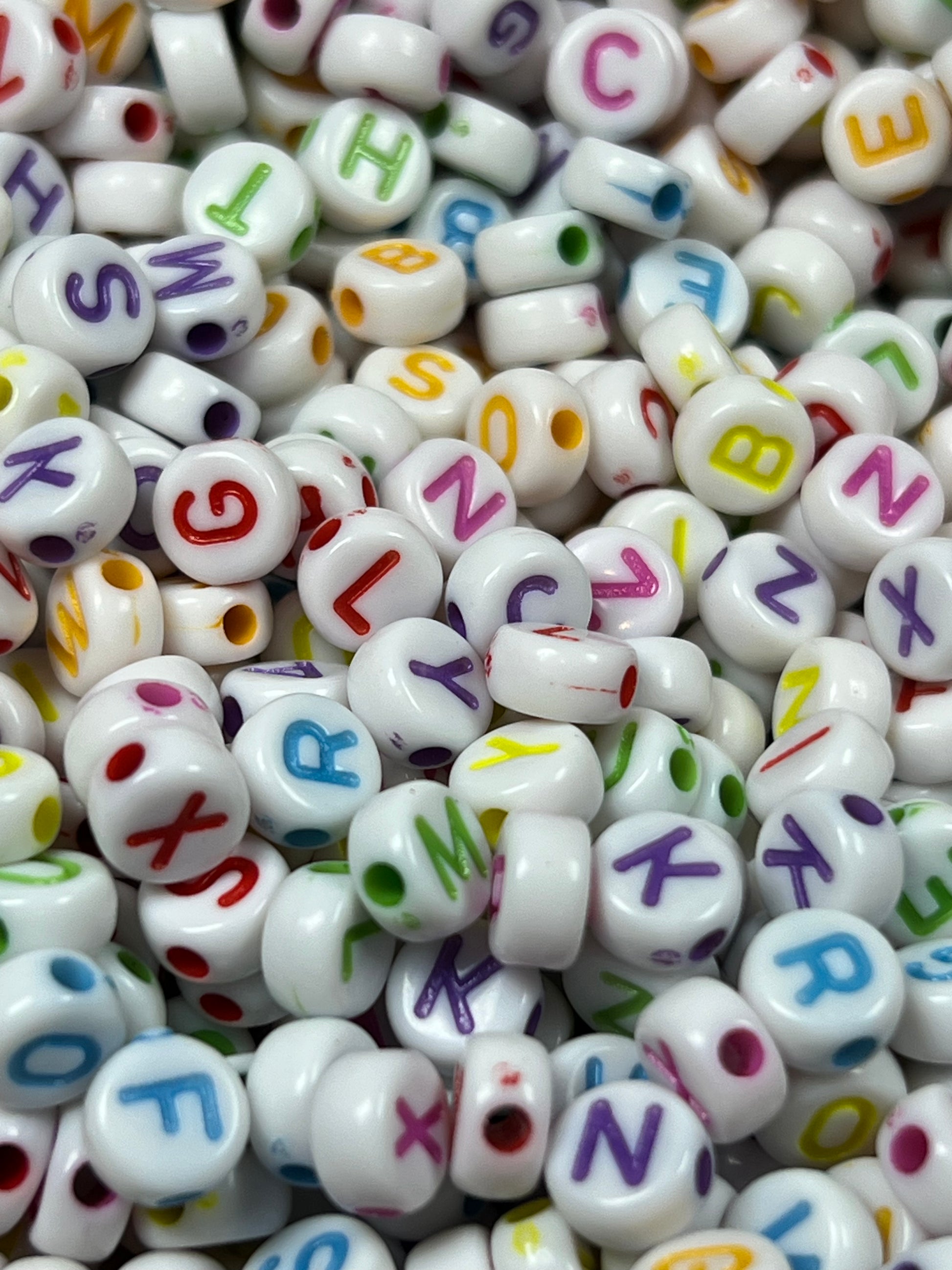 100 Acrylic Flat Round Letter Beads White w/Colorful Letters