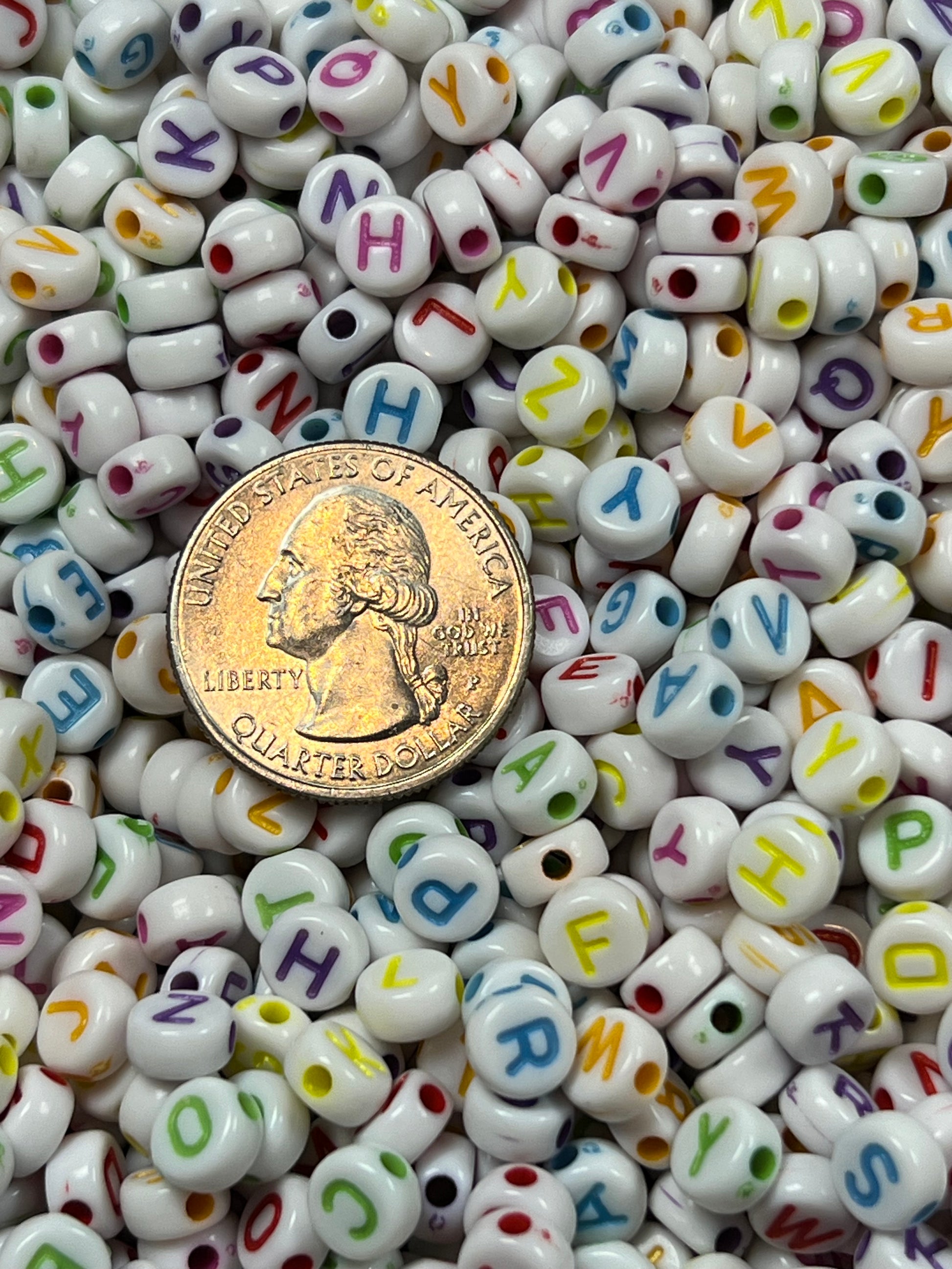 100 Acrylic Flat Round Letter Beads White w/Colorful Letters
