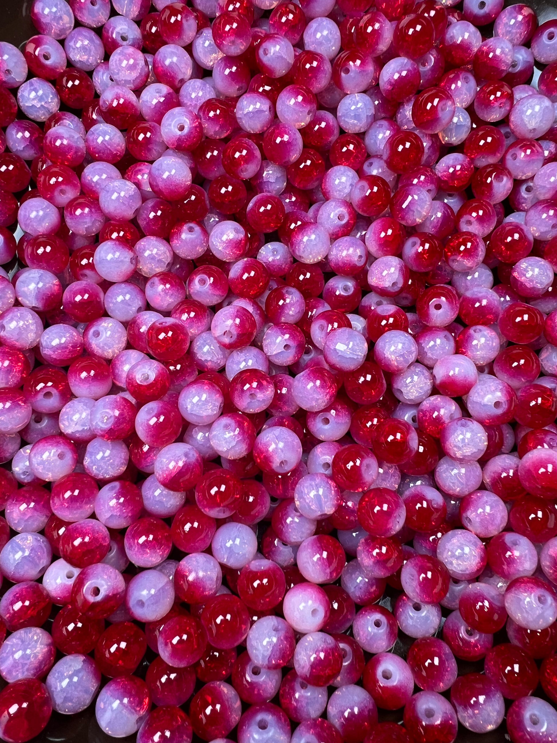 35 10mm Two-Tone Crackle Glass Beads Red & White