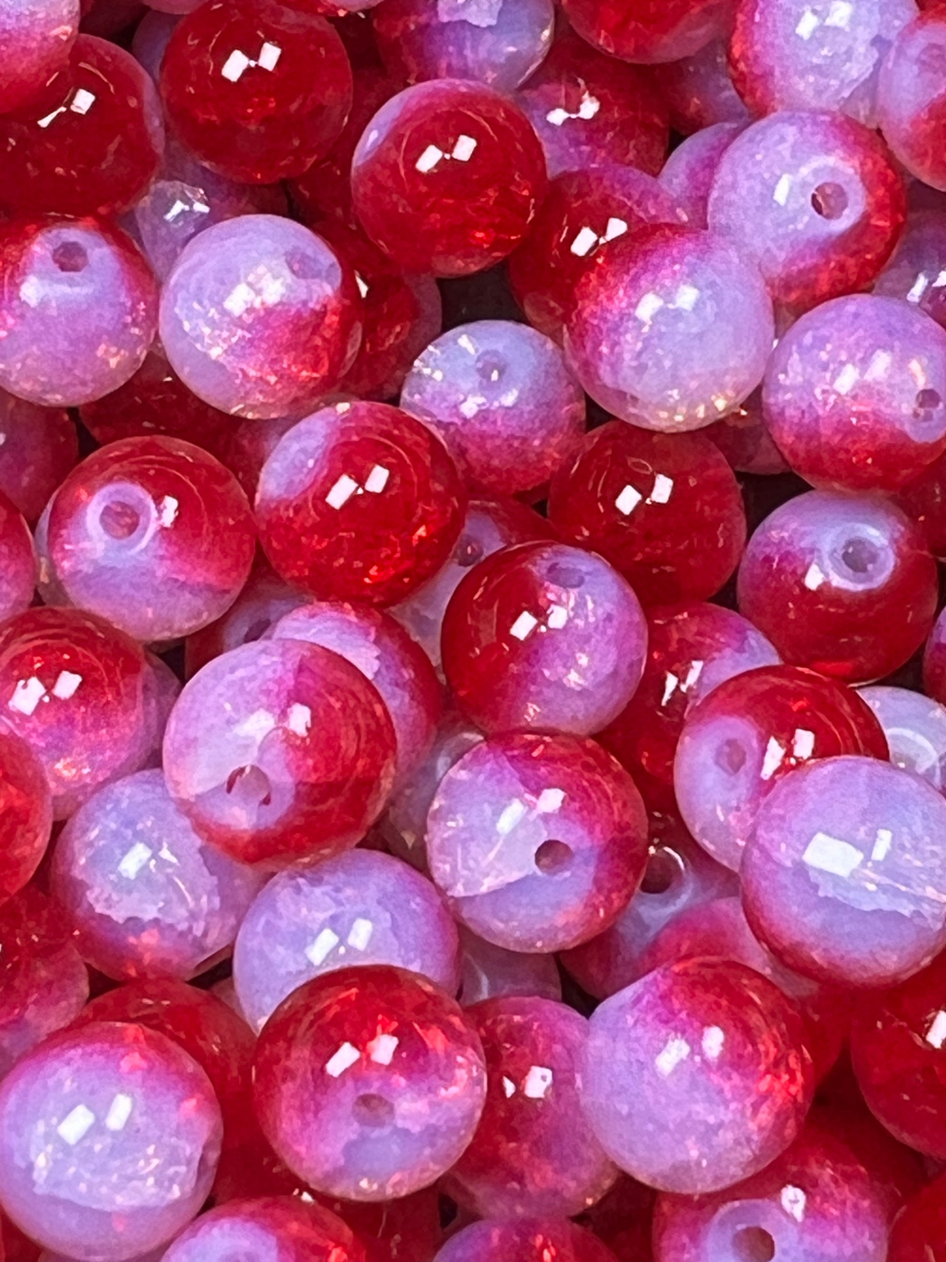 35 10mm Two-Tone Crackle Glass Beads Red & White