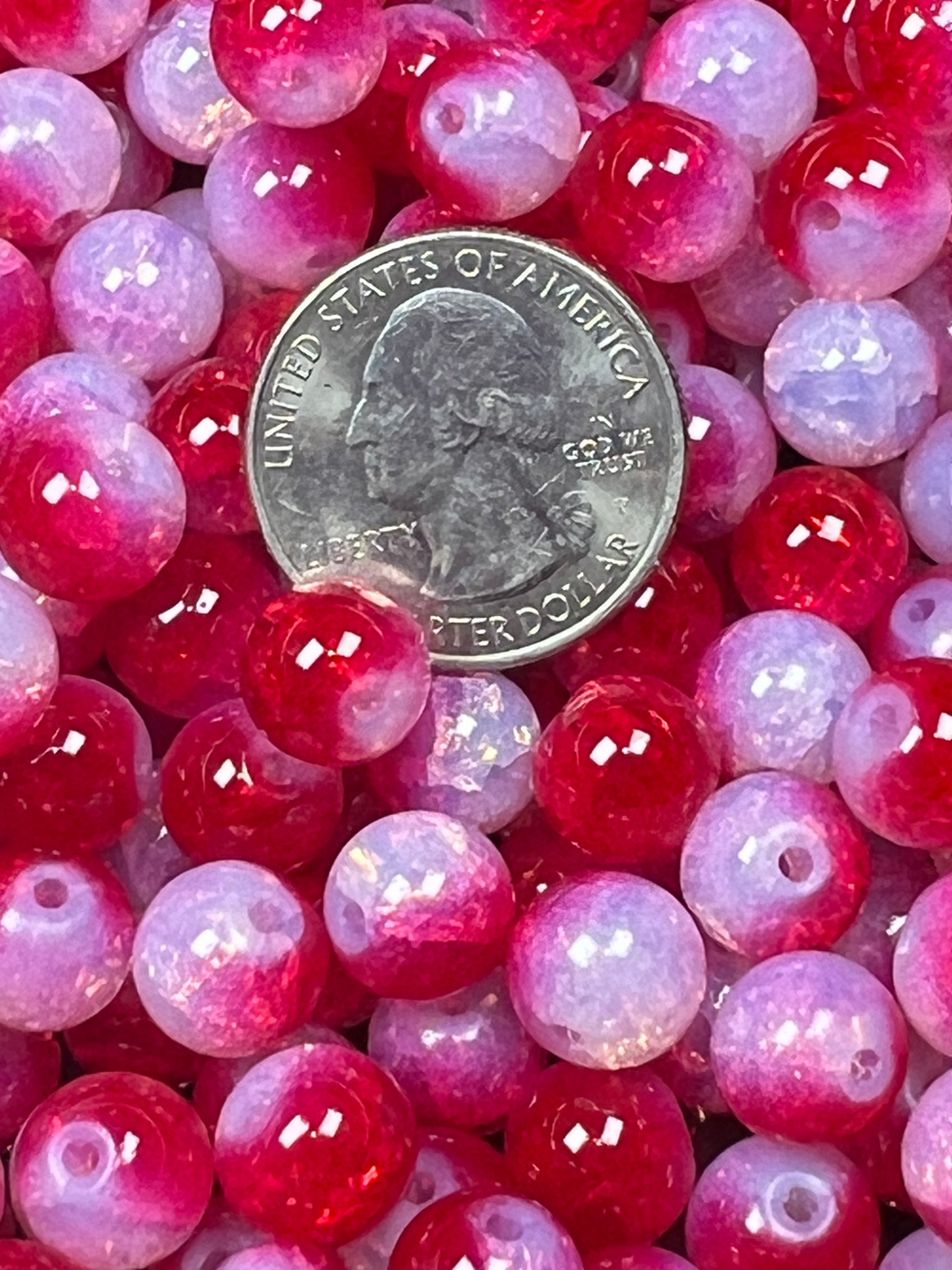35 10mm Two-Tone Crackle Glass Beads Red & White
