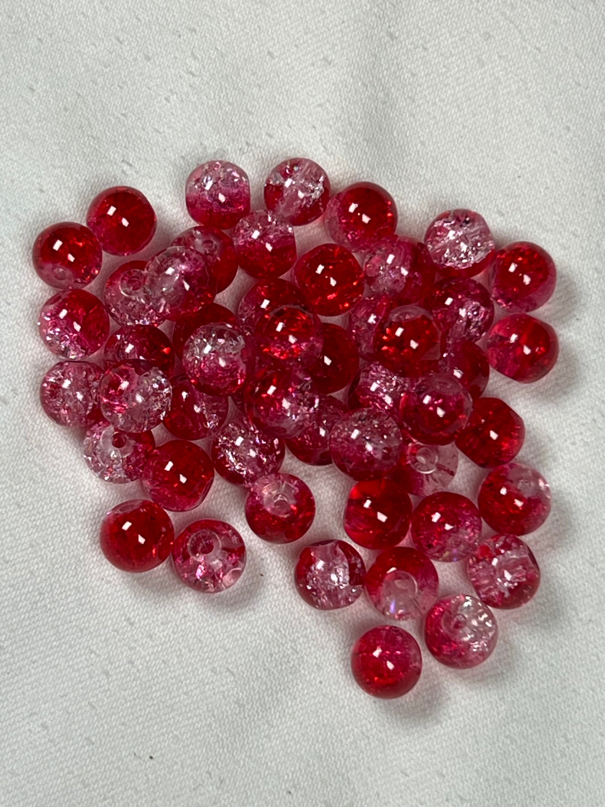 50 8mm Two-Tone Crackle Glass Beads Red & Clear
