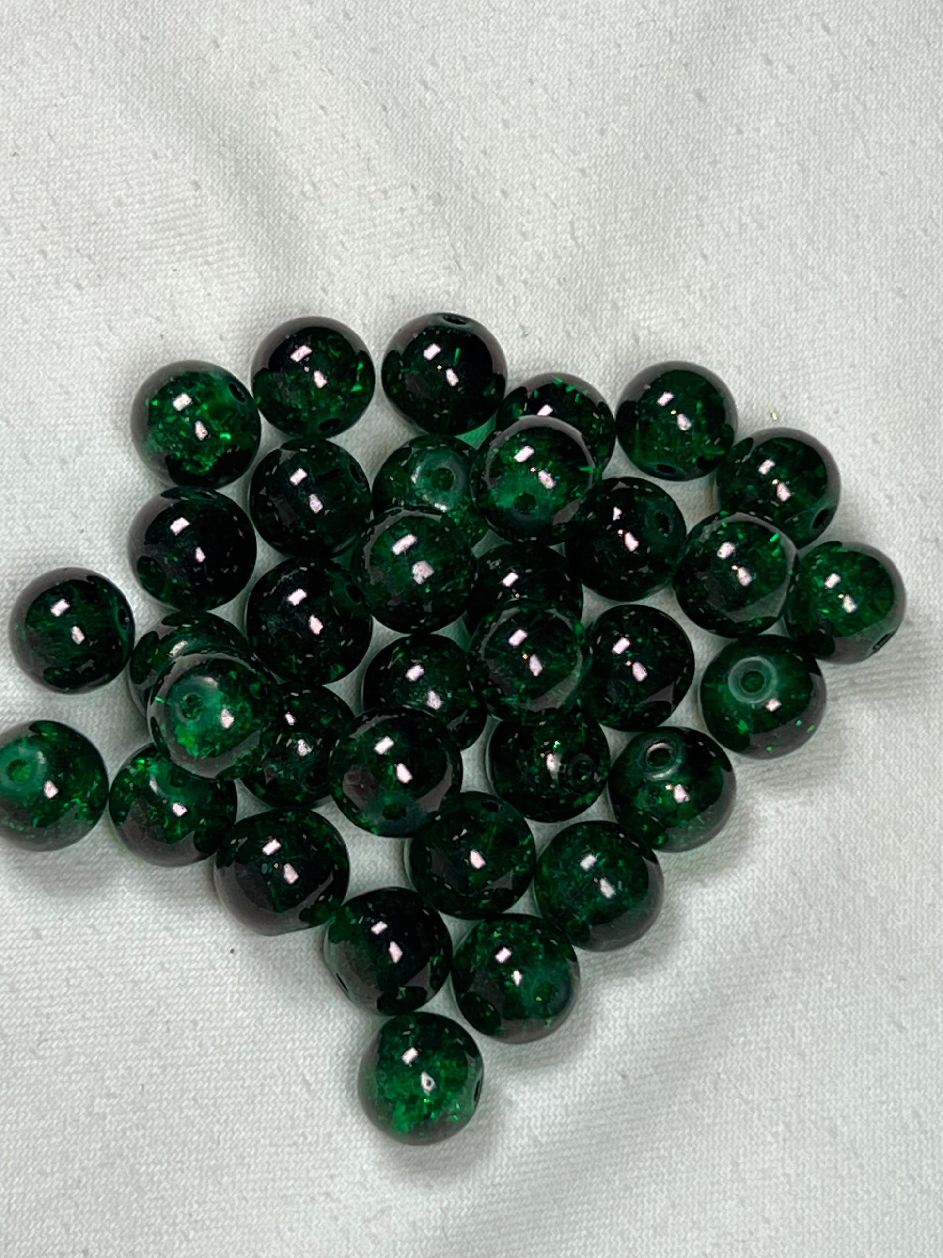 35 10mm Crackle Glass Beads Dark Green