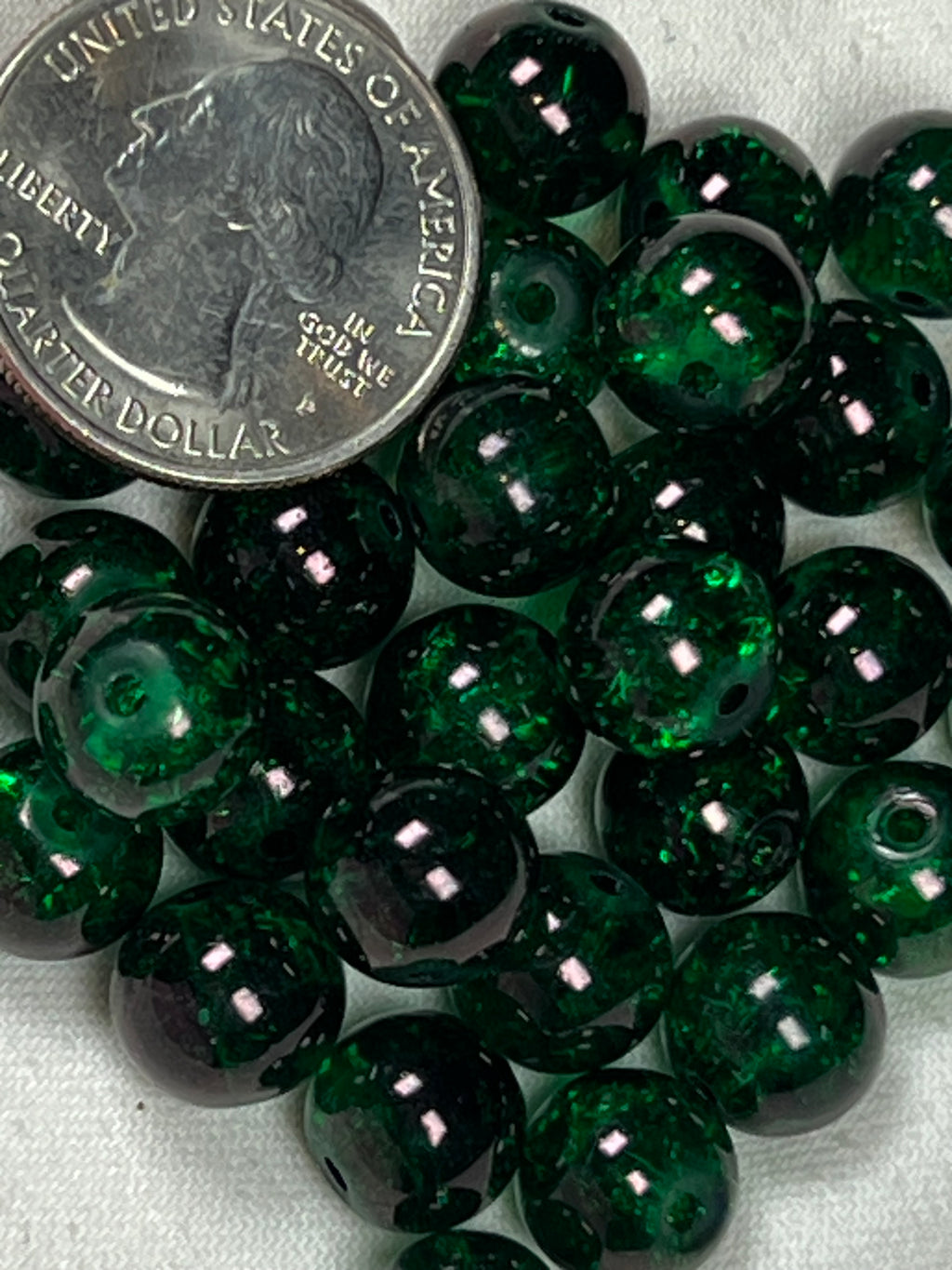 35 10mm Crackle Glass Beads Dark Green