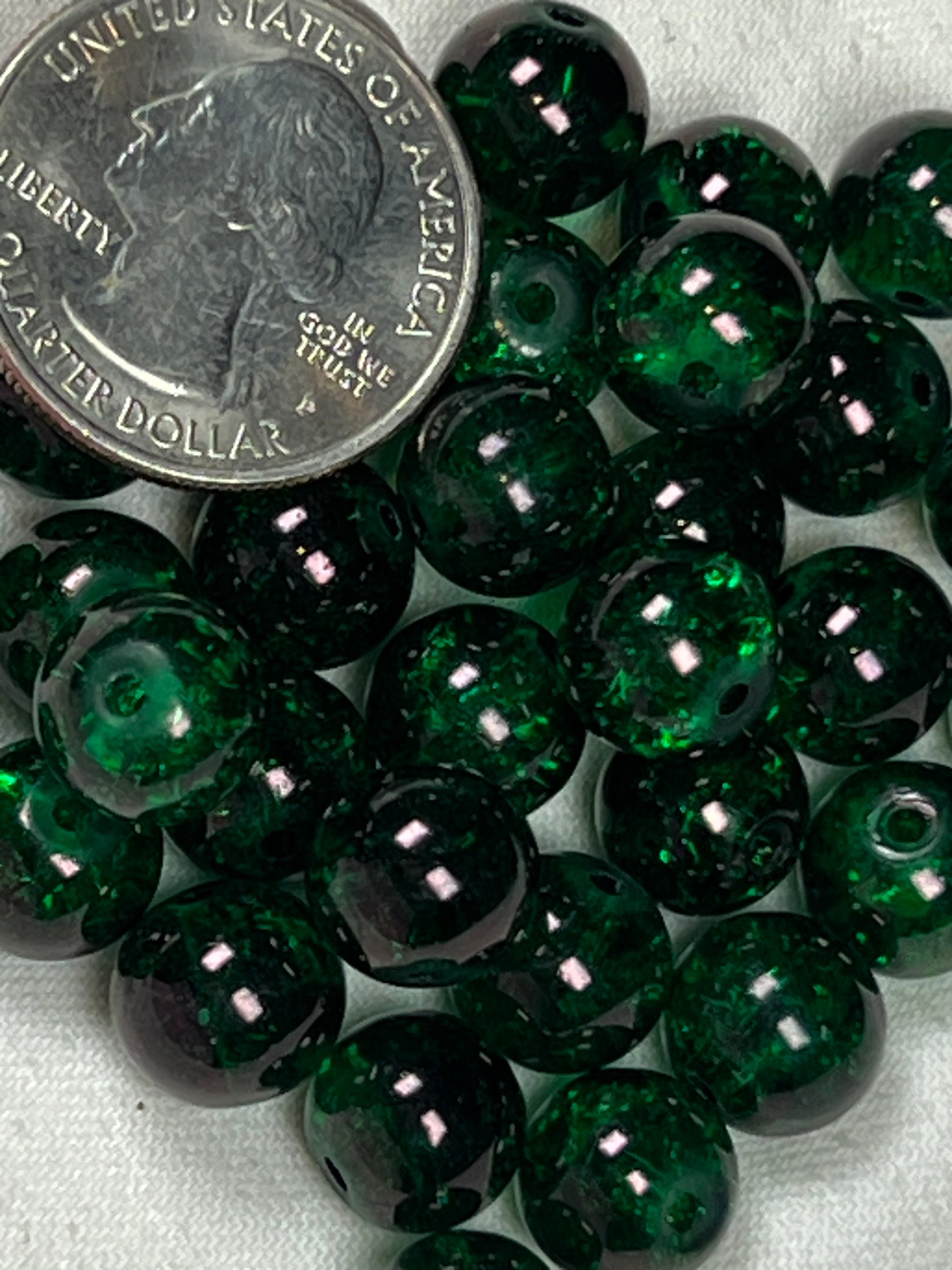 35 10mm Crackle Glass Beads Dark Green