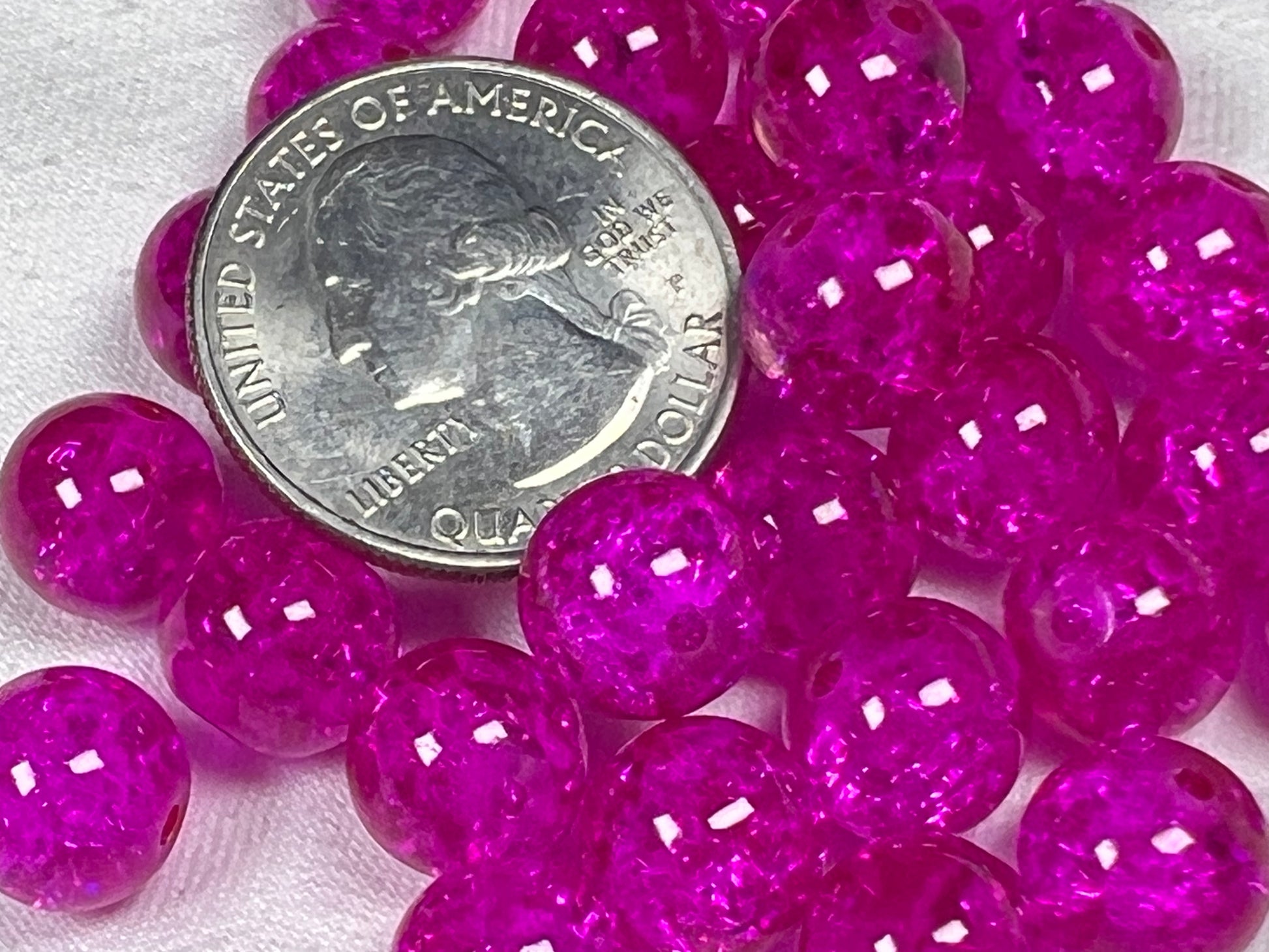 35 10mm Crackle Glass Beads Hot Pink