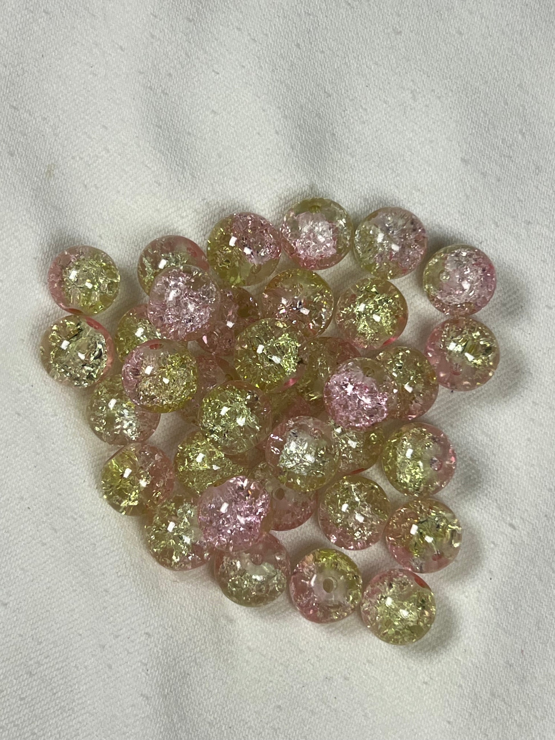 35 10mm Two-Tone Crackle Glass Beads Pink Lemonade