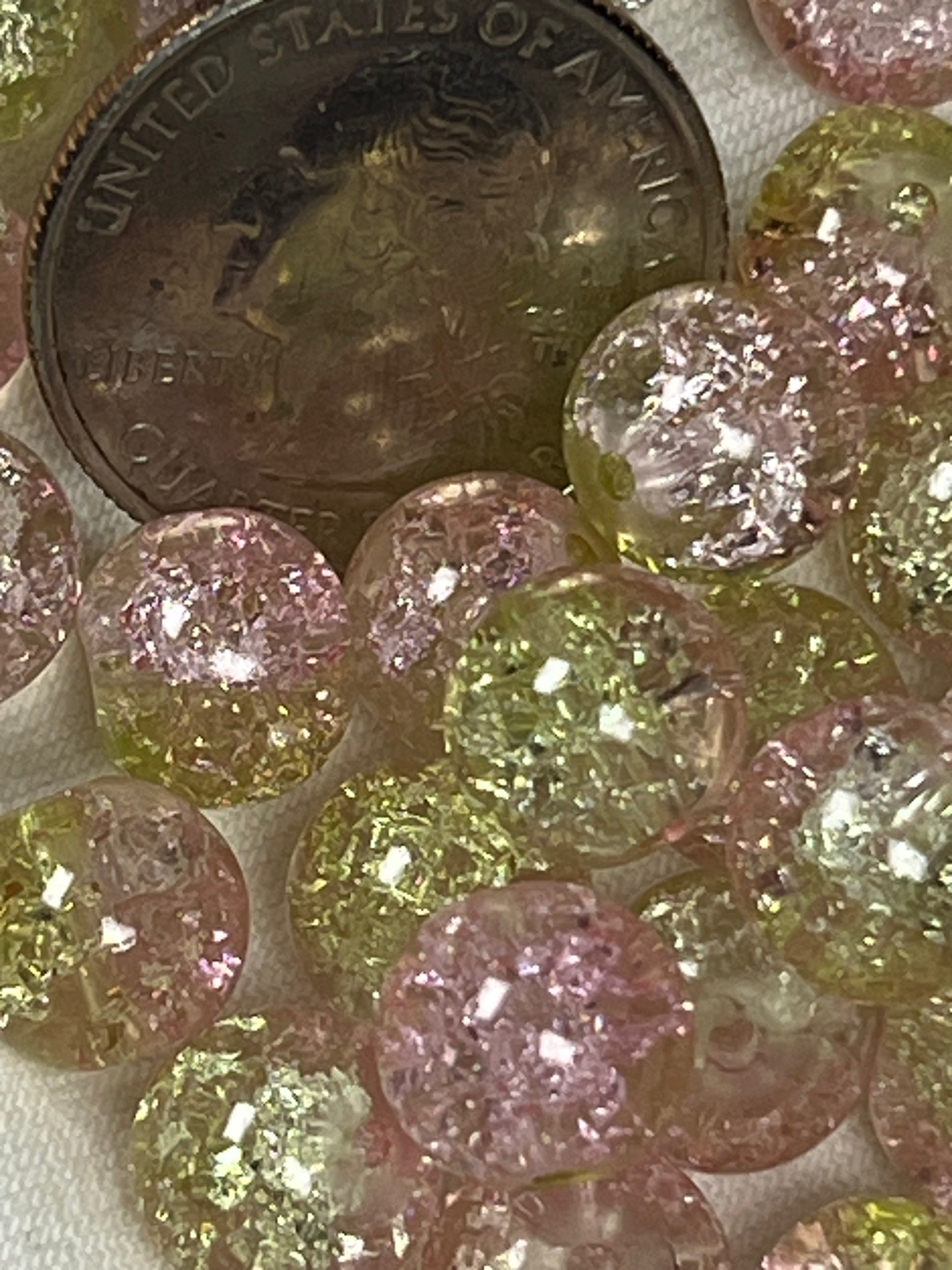 35 10mm Two-Tone Crackle Glass Beads Pink Lemonade