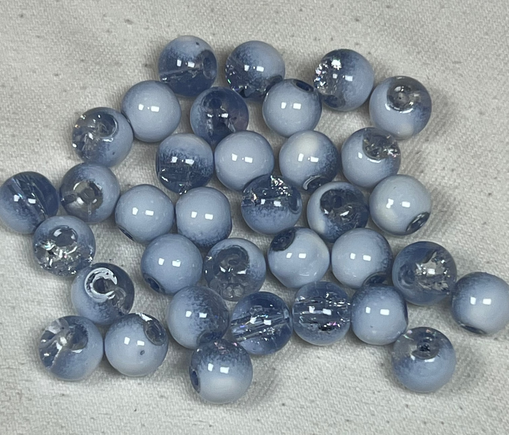50 8mm Two-Tone Crackle Glass Beads Steel Blue & White