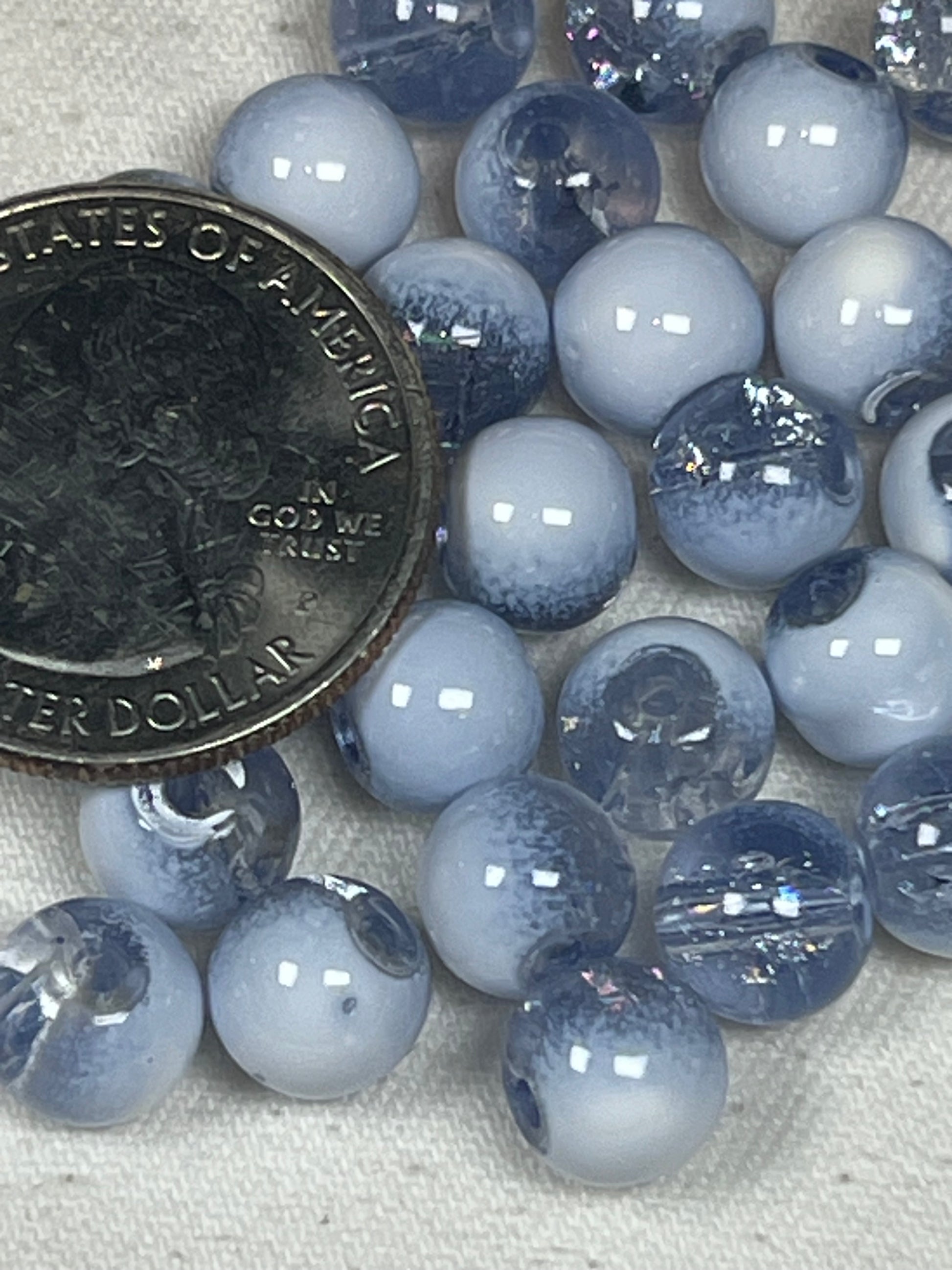 50 8mm Two-Tone Crackle Glass Beads Cyan & White