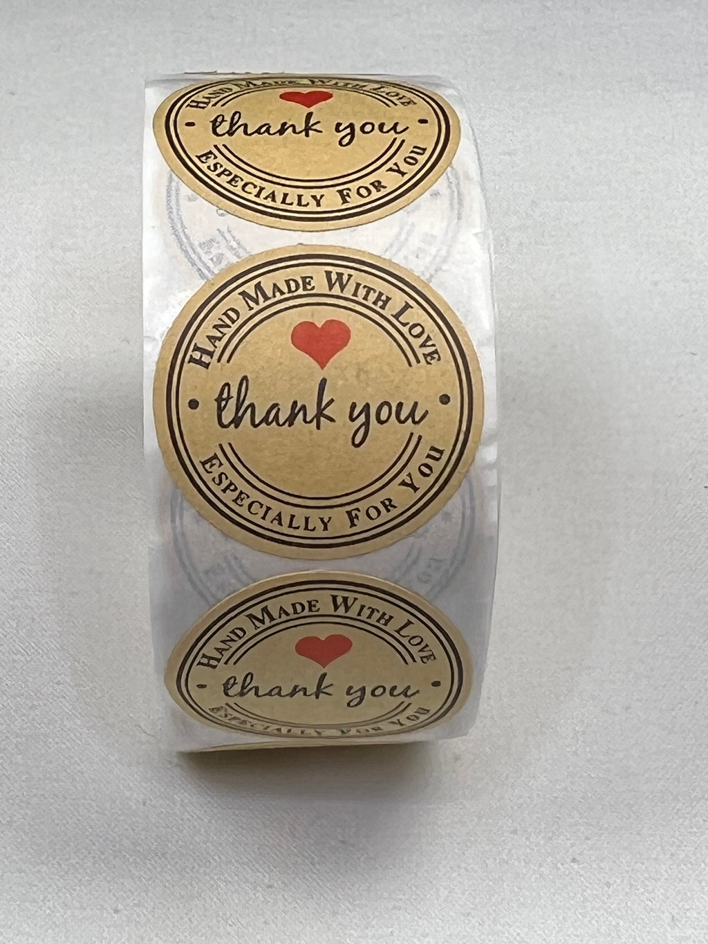 Kraft paper "Thank You" stickers with "Handmade with Love" and "Especially for You" text.