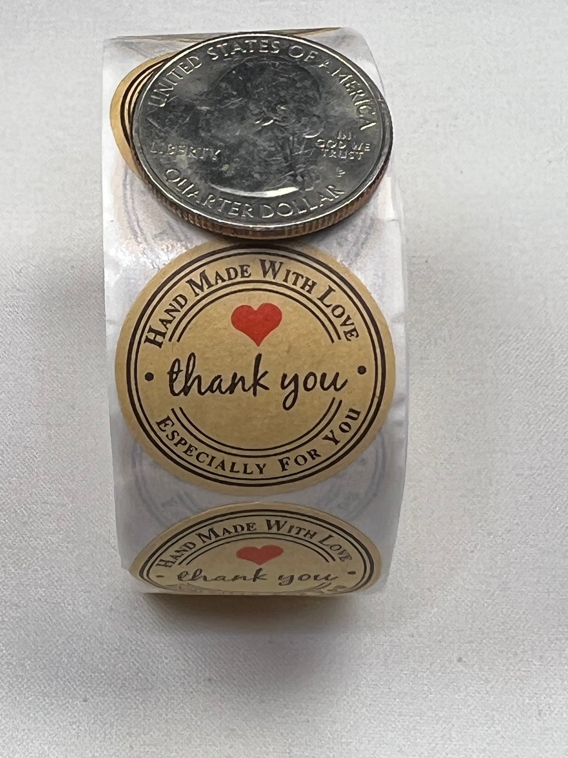 Kraft paper "Thank You" stickers with a heart and "Handmade with Love" text.