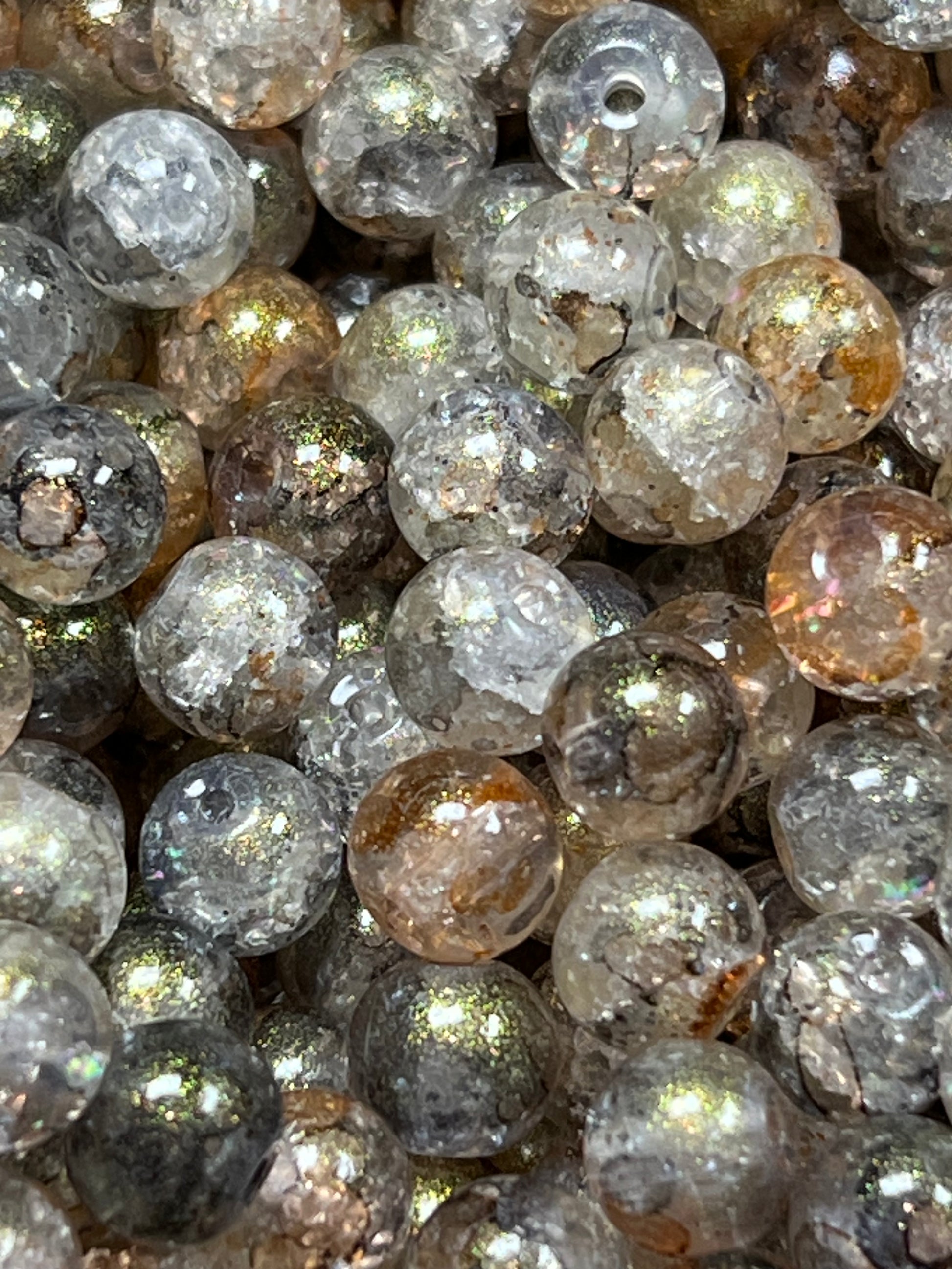 50 8mm Crackle Glass Beads w/Gold Powder Moccasin