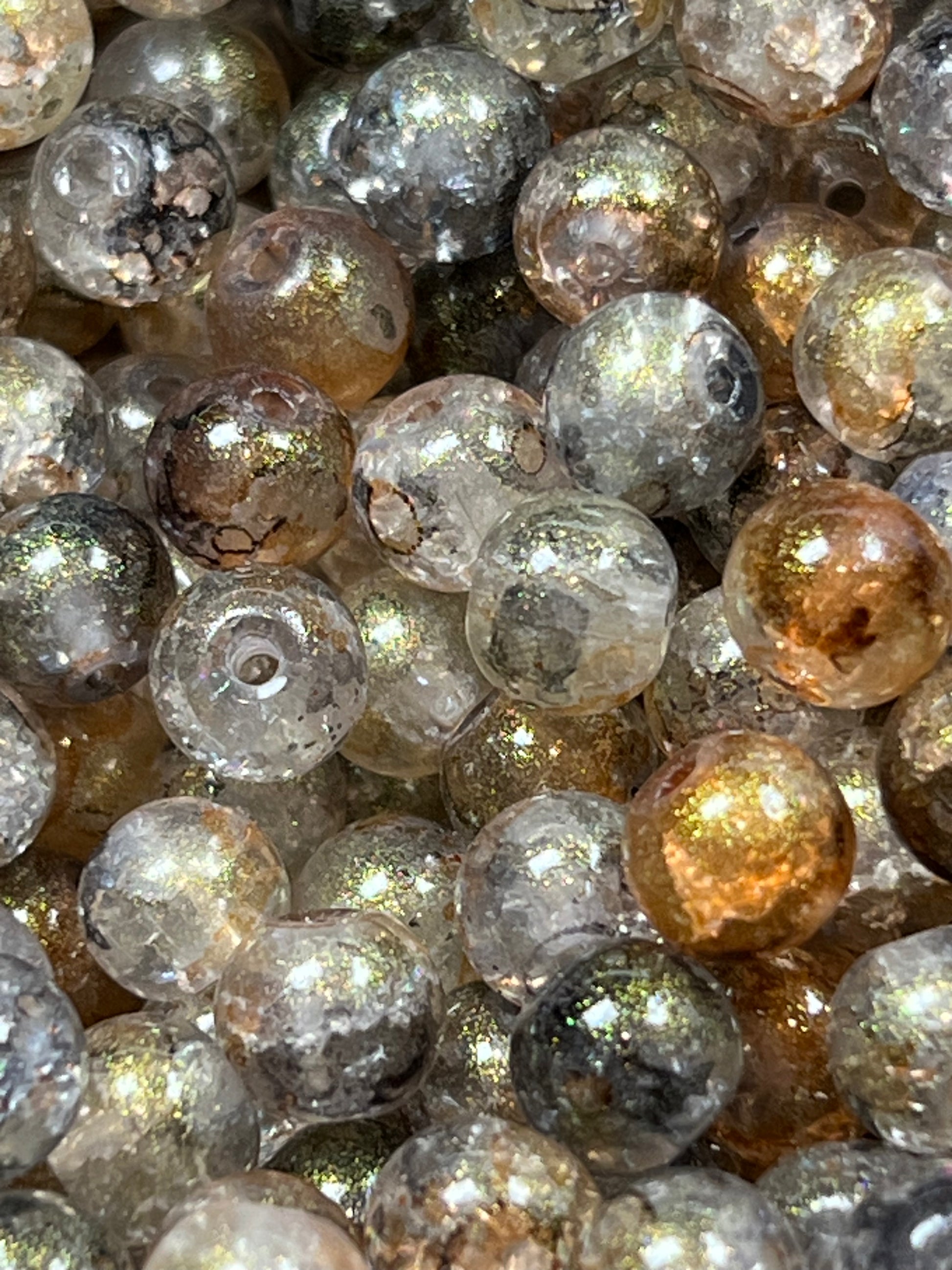 50 8mm Crackle Glass Beads w/Gold Powder Moccasin