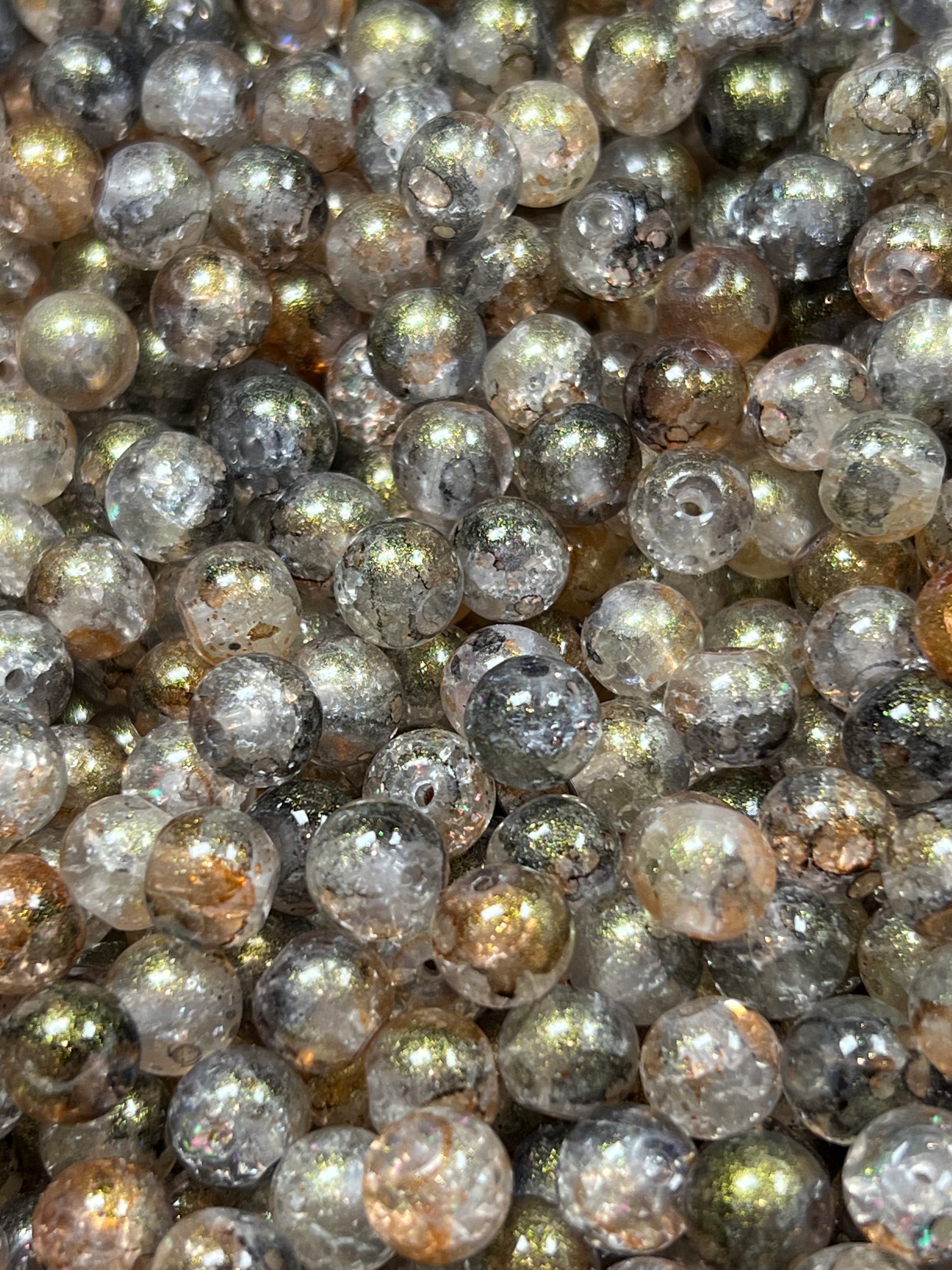 50 8mm Crackle Glass Beads w/Gold Powder Moccasin
