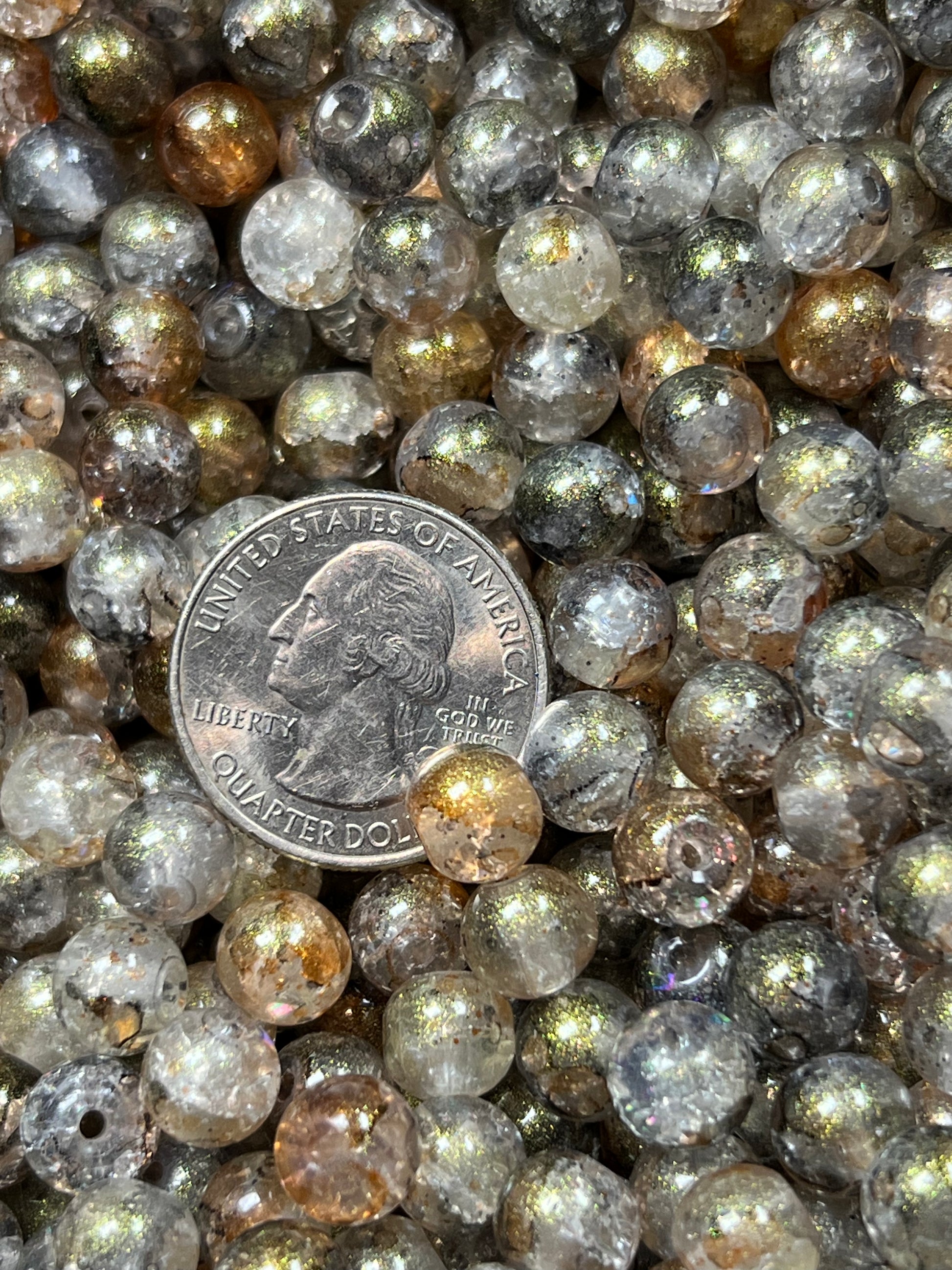 50 8mm Crackle Glass Beads w/Gold Powder Moccasin