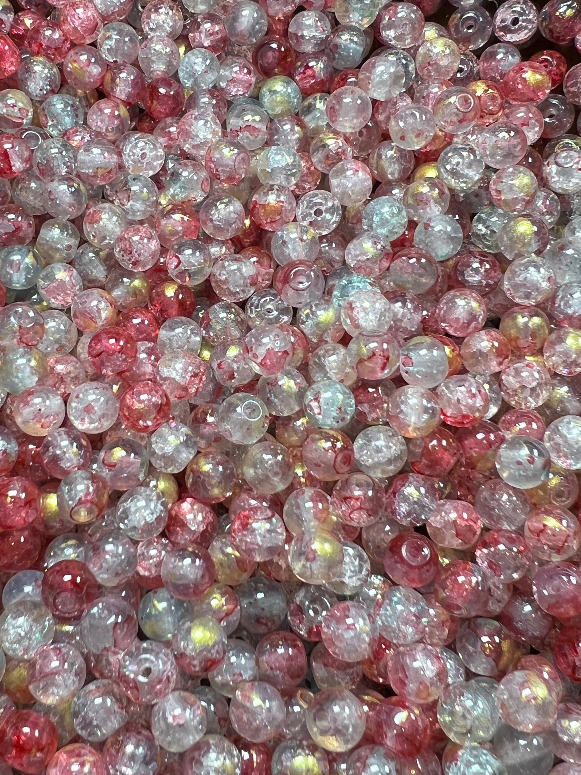 50 8mm Crackle Glass Beads w/Gold Powder Red