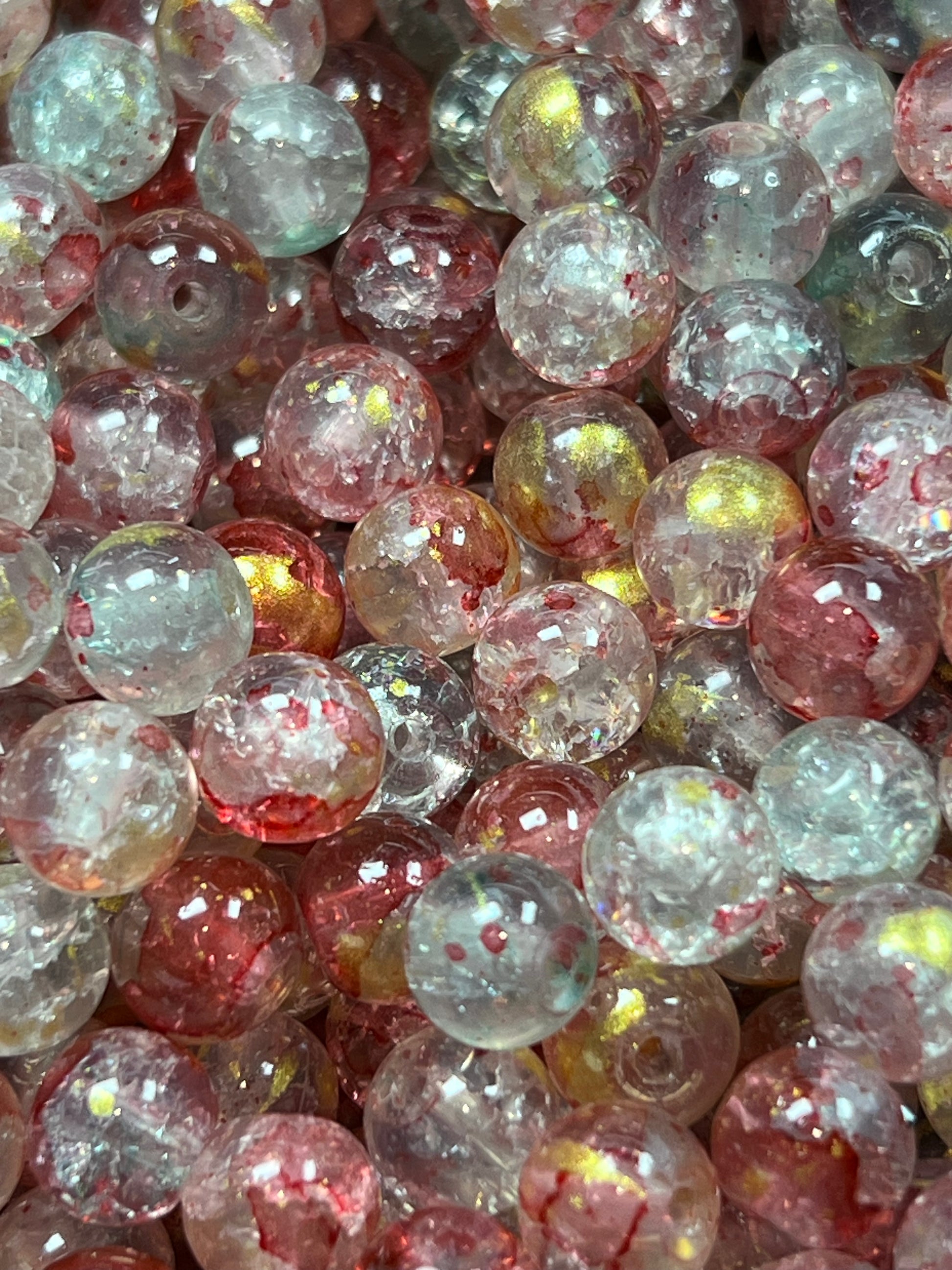 50 8mm Crackle Glass Beads w/Gold Powder Red