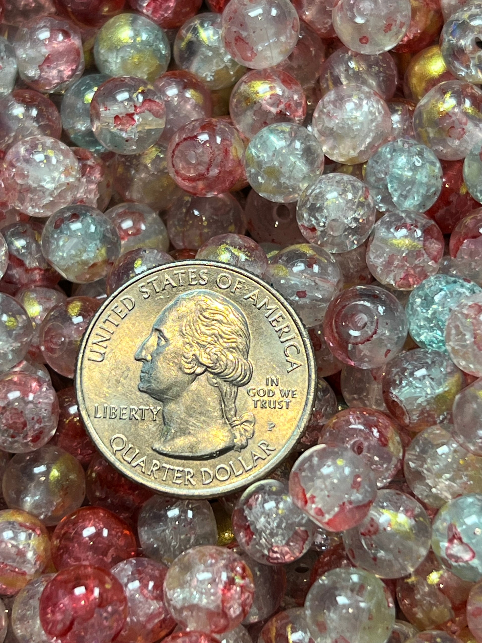 50 8mm Crackle Glass Beads w/Gold Powder Red