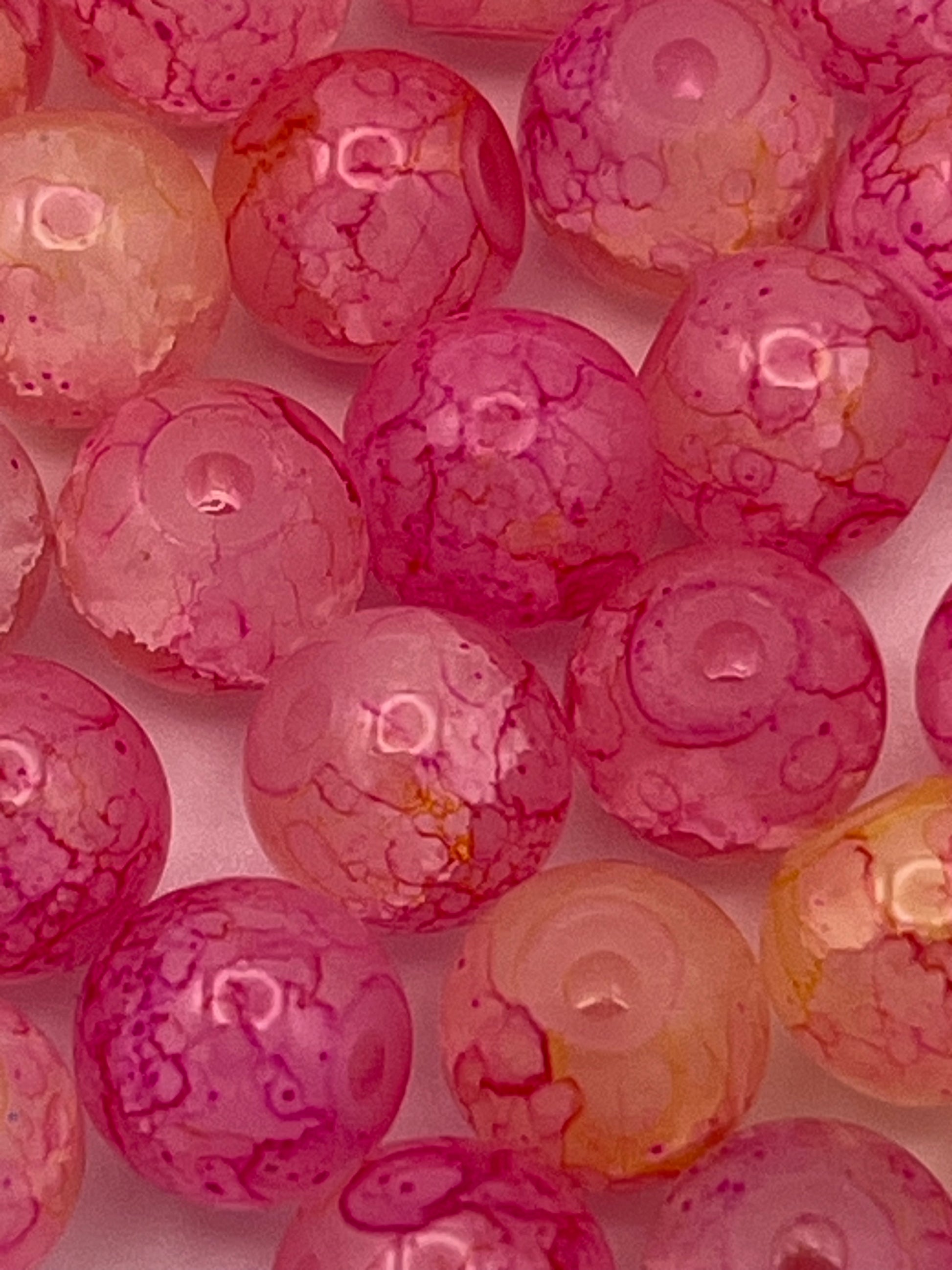 50 8mm Painted Molted Glass Beads Pink Lemonade