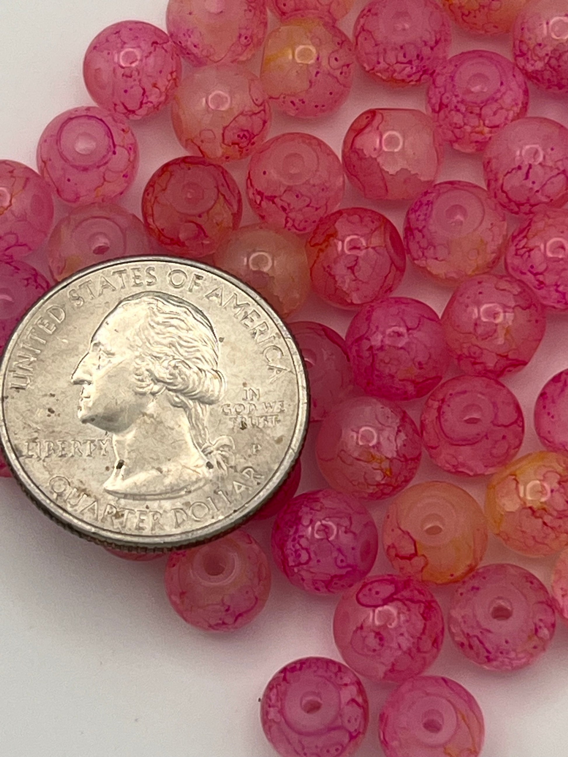 50 8mm Painted Molted Glass Beads Pink Lemonade