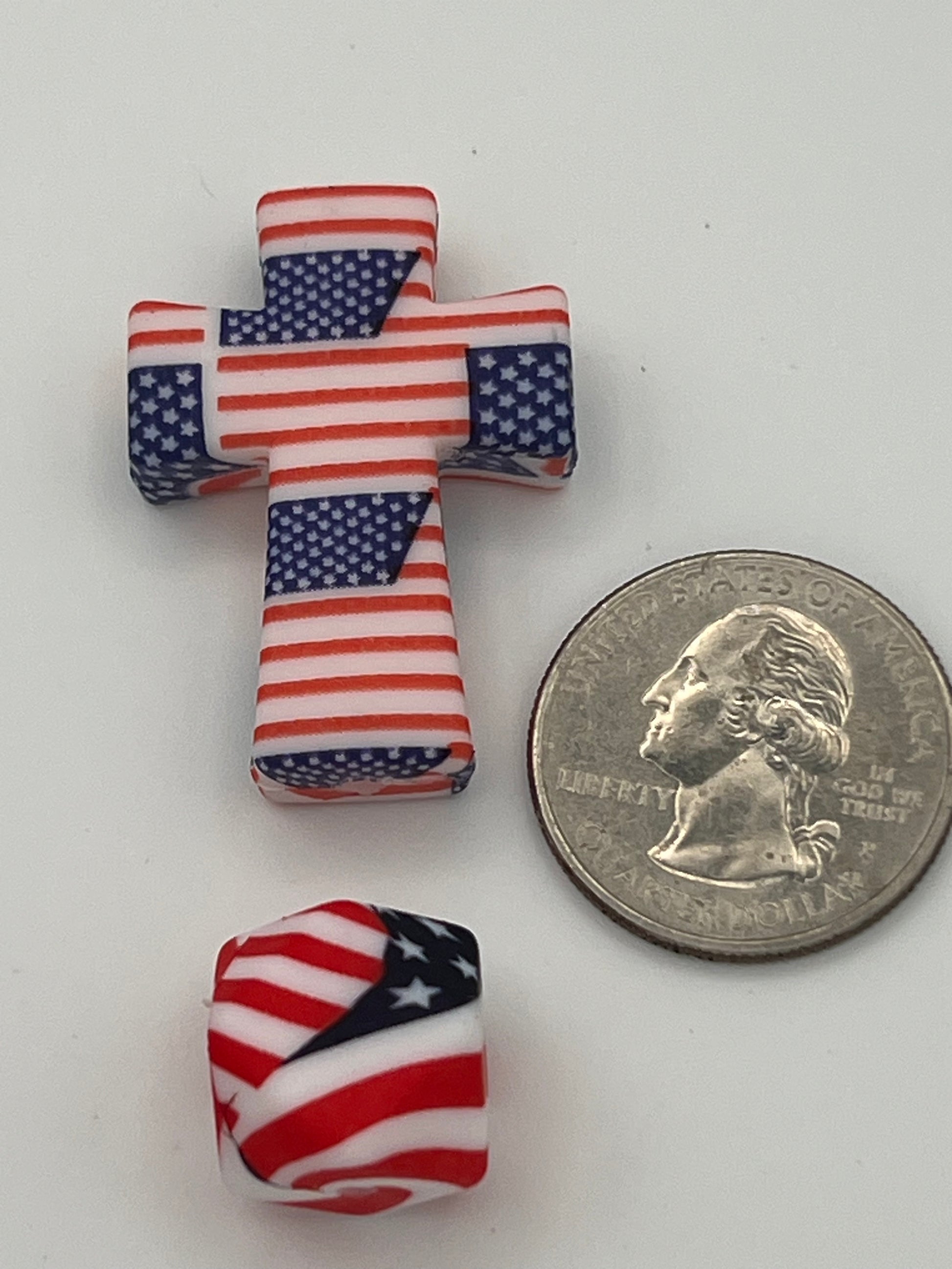 Silicone cross and hex beads with an Americana flag design.