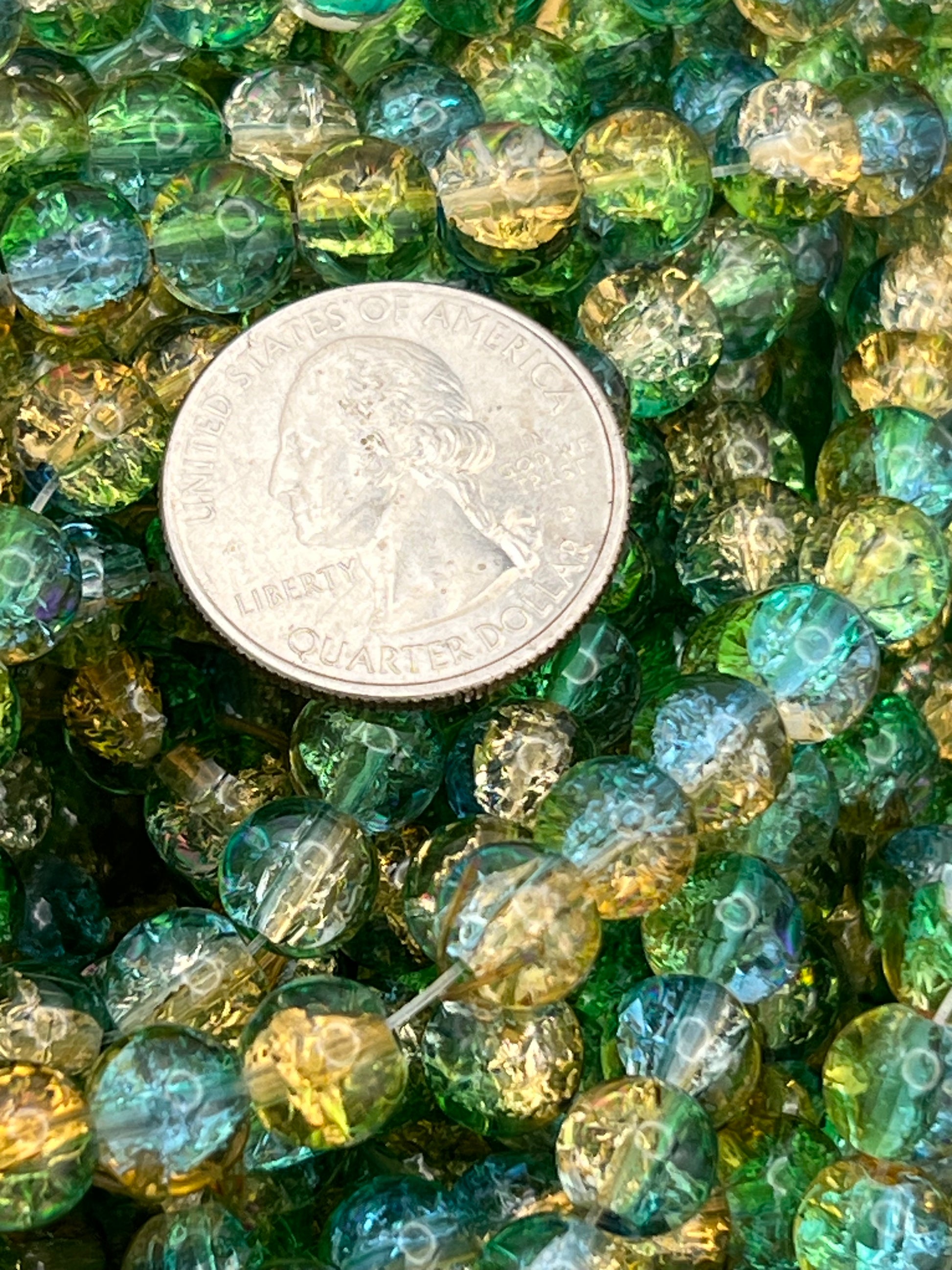 50 8mm Multi-Tone Crackle Glass Beads Green