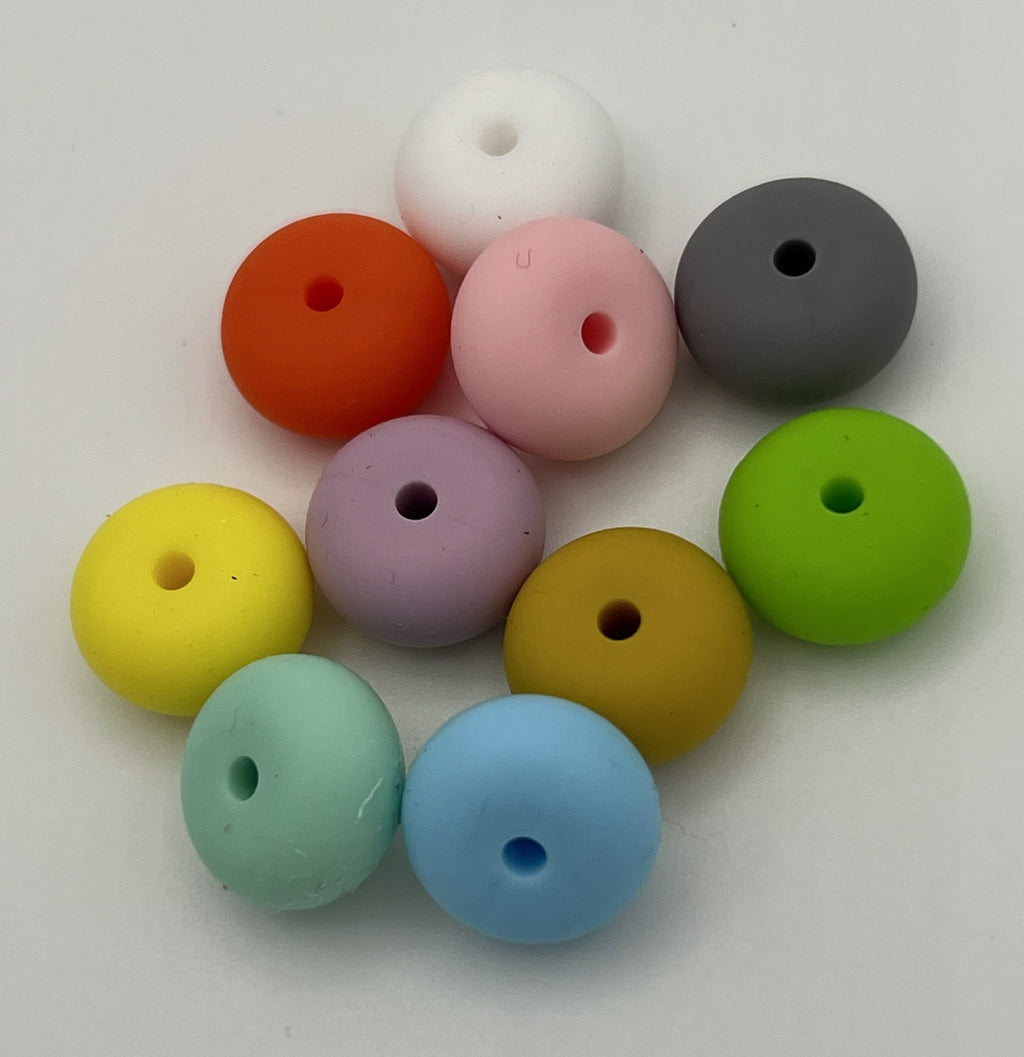 Set of ten 14mm silicone abacus beads in a variety of colors including red, pink, blue, and green.