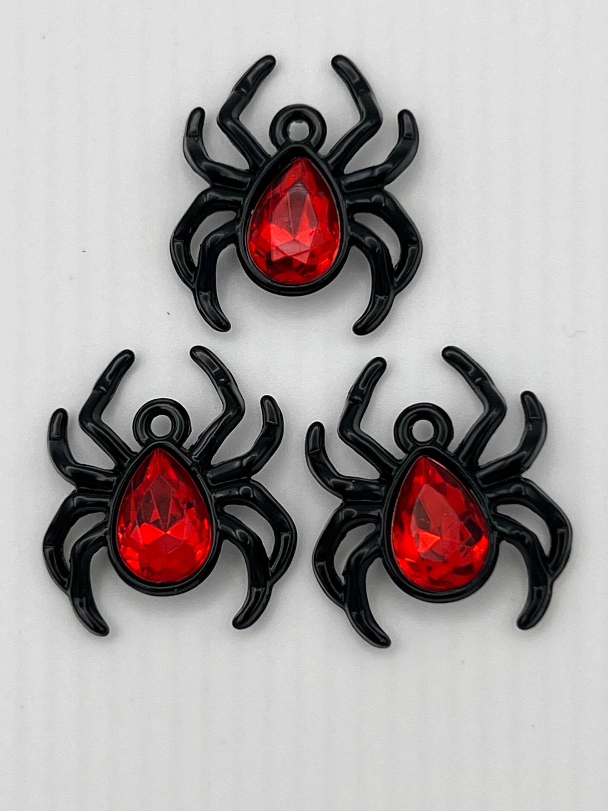 3 Halloween Rhinestone Spider Pendants Black w/Red Stone