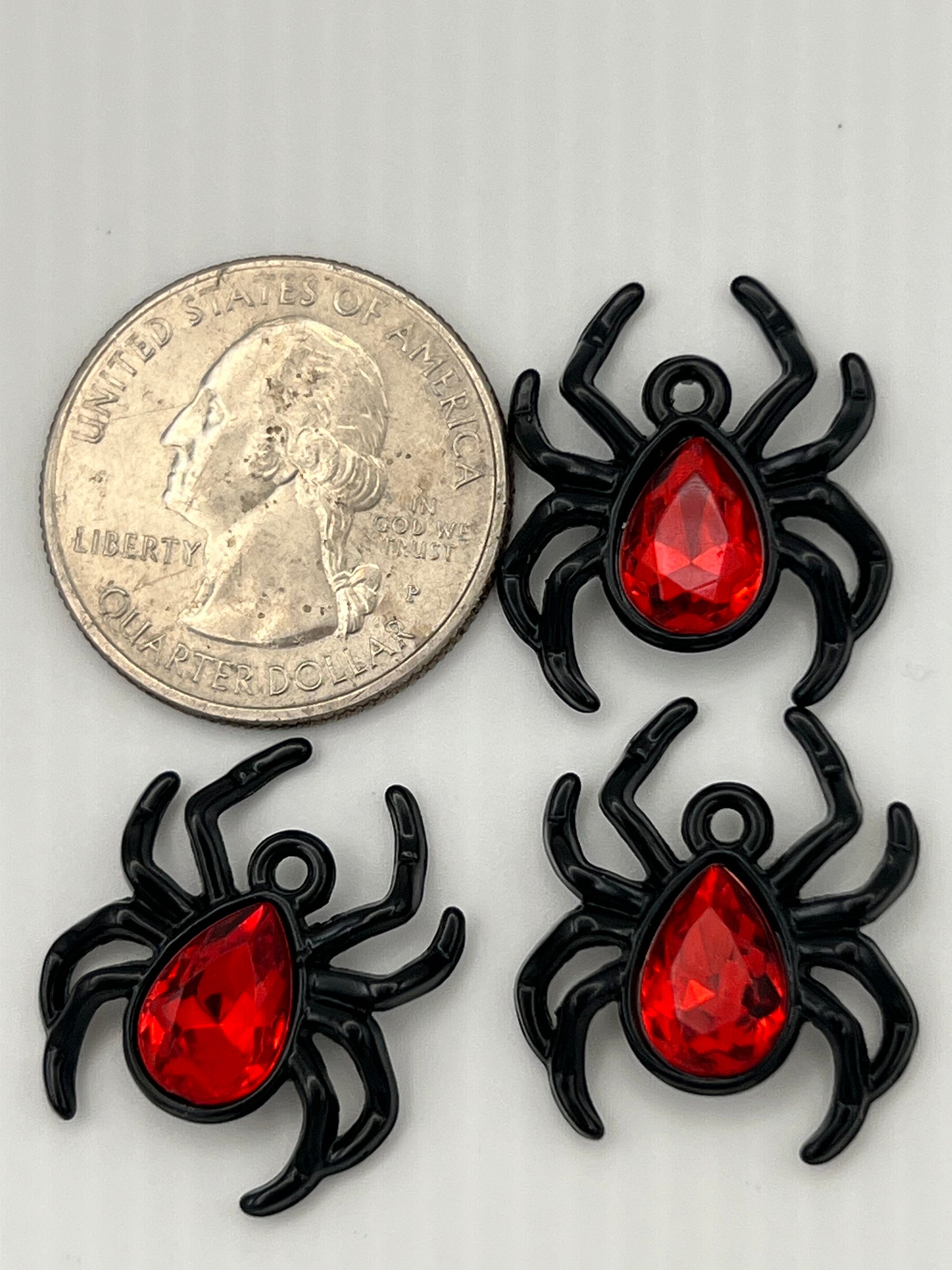 3 Halloween Rhinestone Spider Pendants Black w/Red Stone