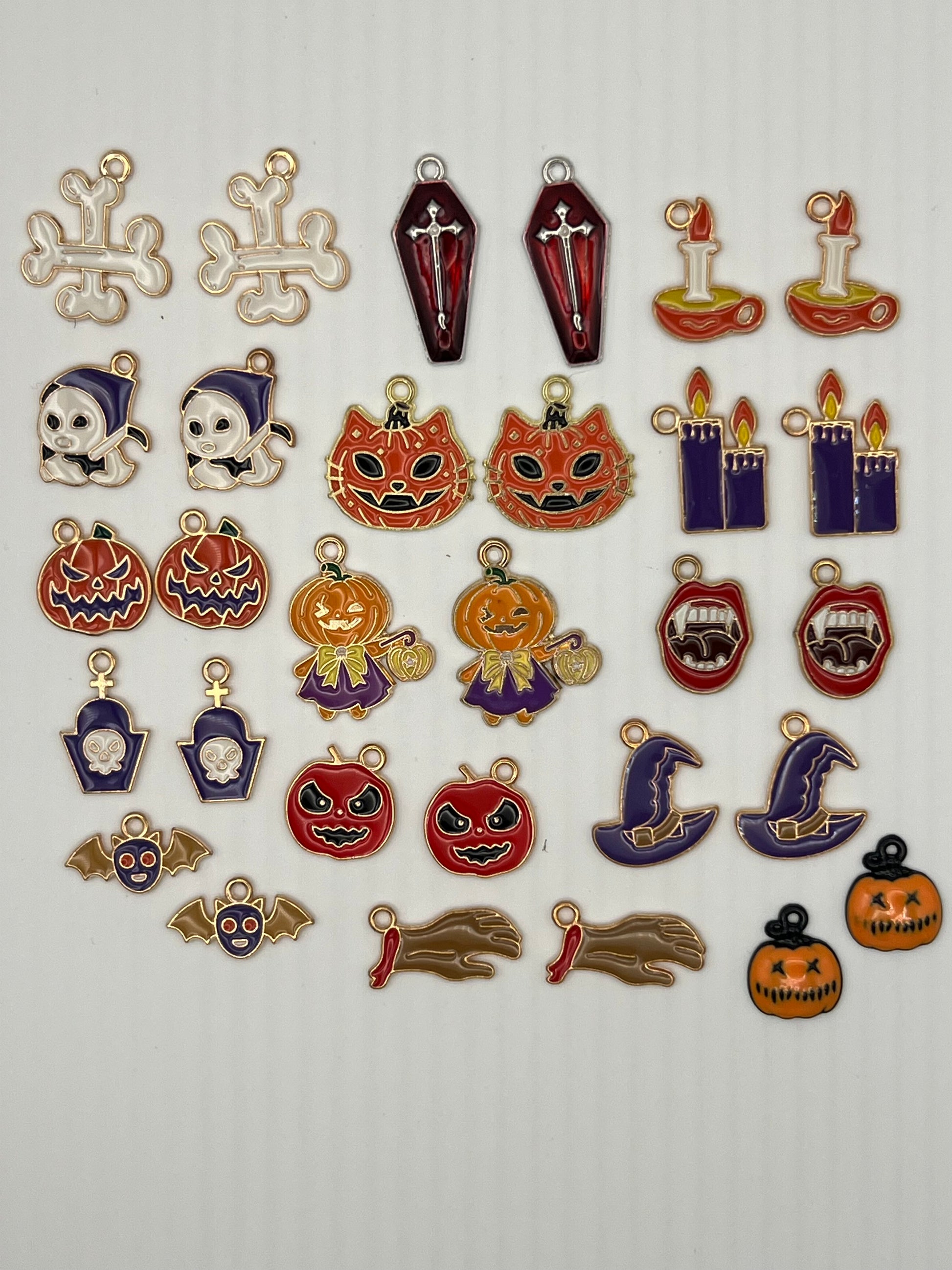 30 Enamel Halloween Pendants/Charms in Light Golden 15 Different Designs