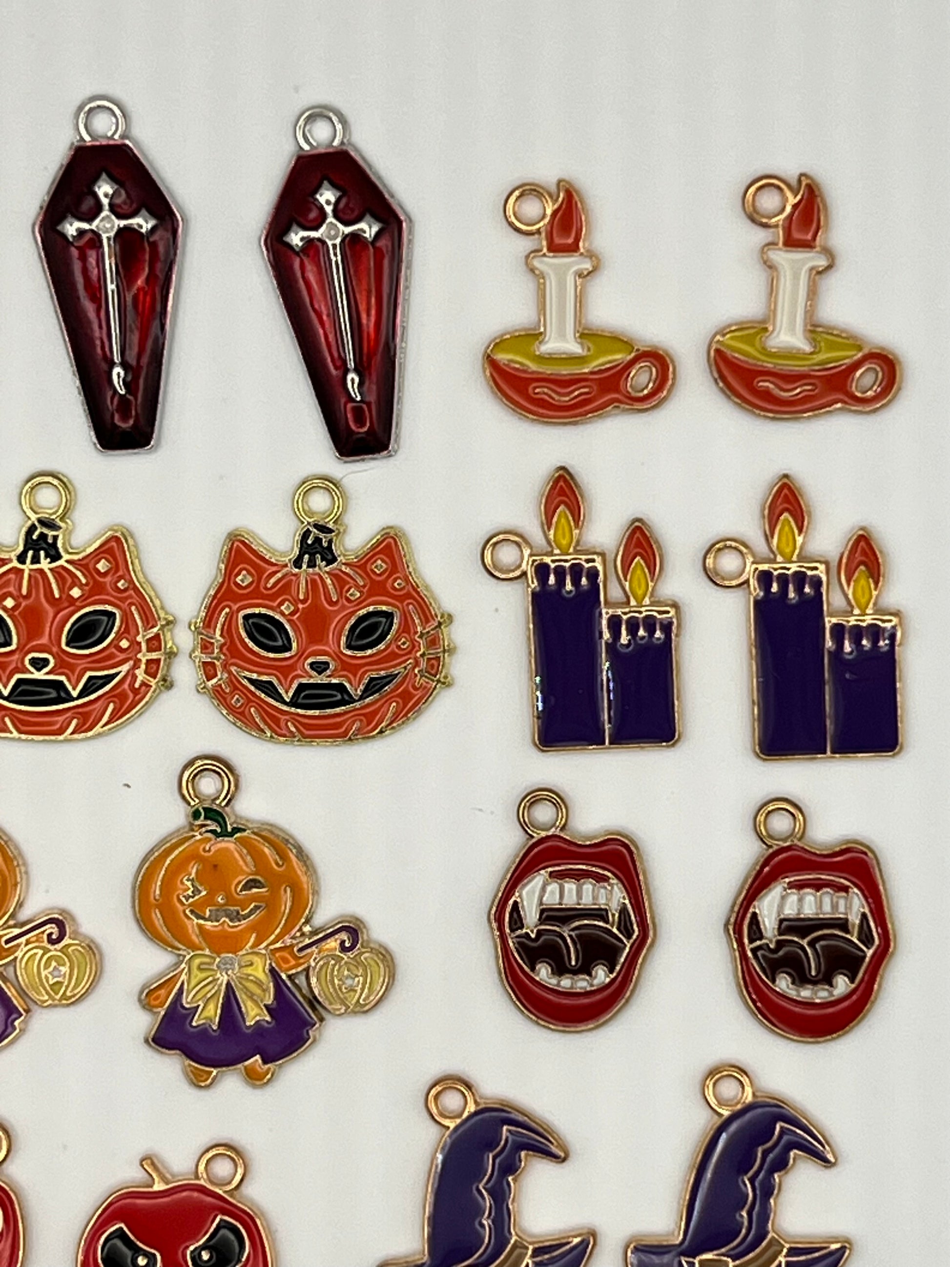 30 Enamel Halloween Pendants/Charms in Light Golden 15 Different Designs