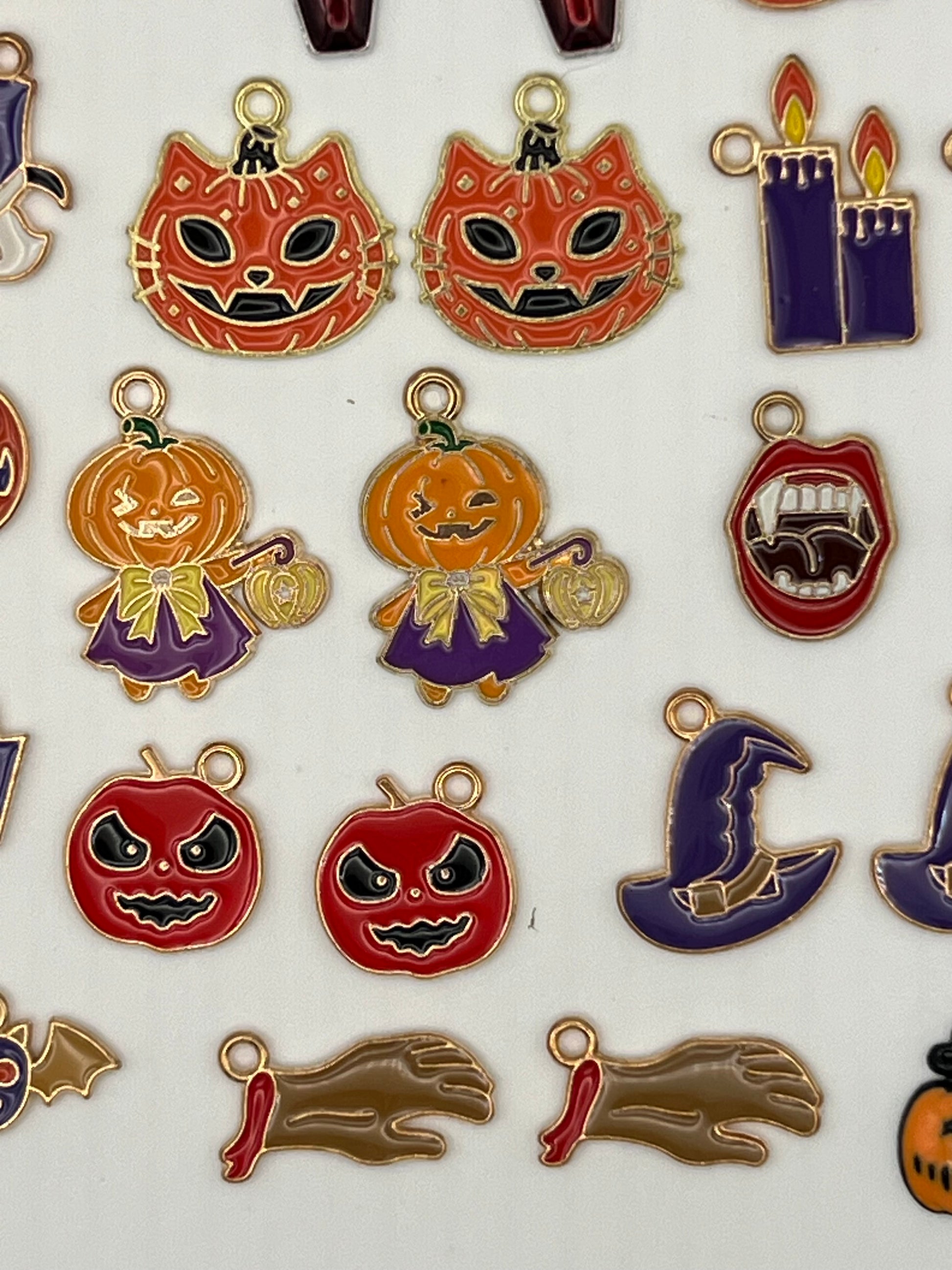 30 Enamel Halloween Pendants/Charms in Light Golden 15 Different Designs