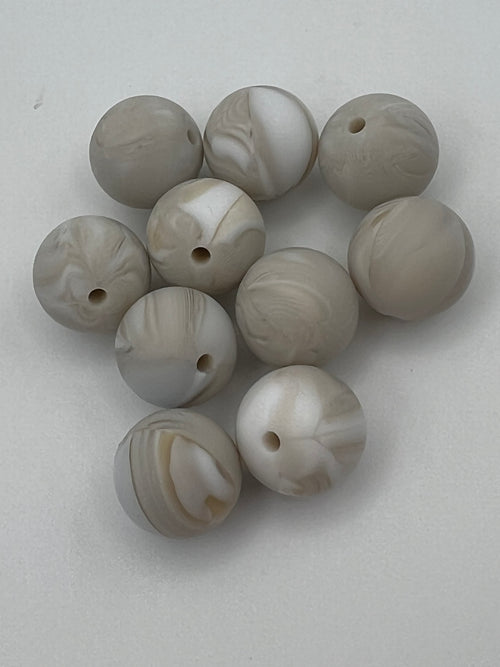Ten 15mm round silicone beads in a gray swirl pattern.