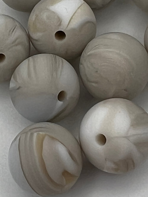 10 round 15mm silicone beads in a gray swirl pattern.