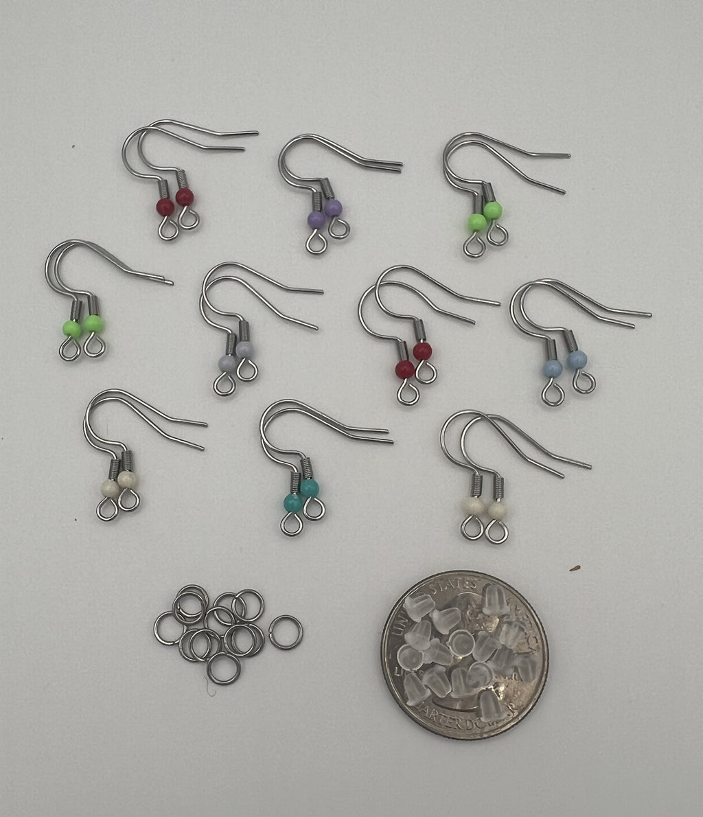 304 stainless steel ear wires with acrylic beads, silicone nuts, and jump rings.