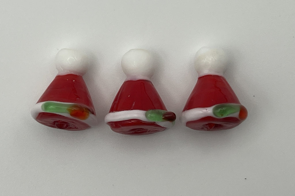 3 Christmas Glass Lampwork Santa Hat Beads