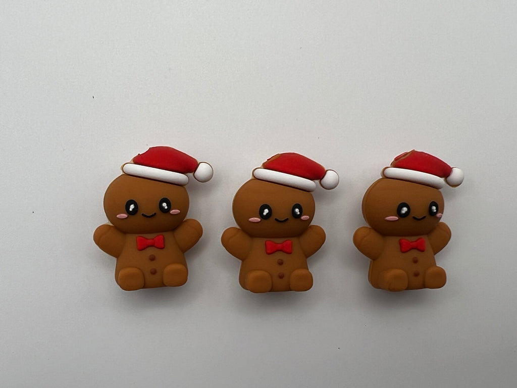 3 Christmas Silicone Focal Beads Gingerbread Man w/Red Bow