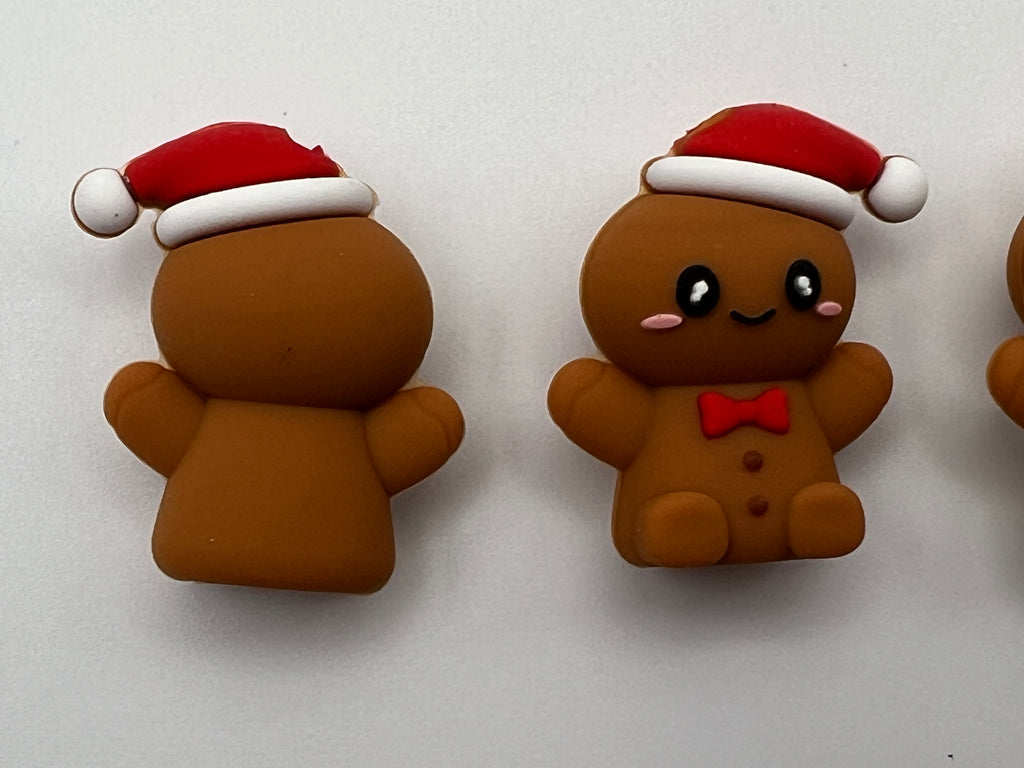 3 Christmas Silicone Focal Beads Gingerbread Man w/Red Bow
