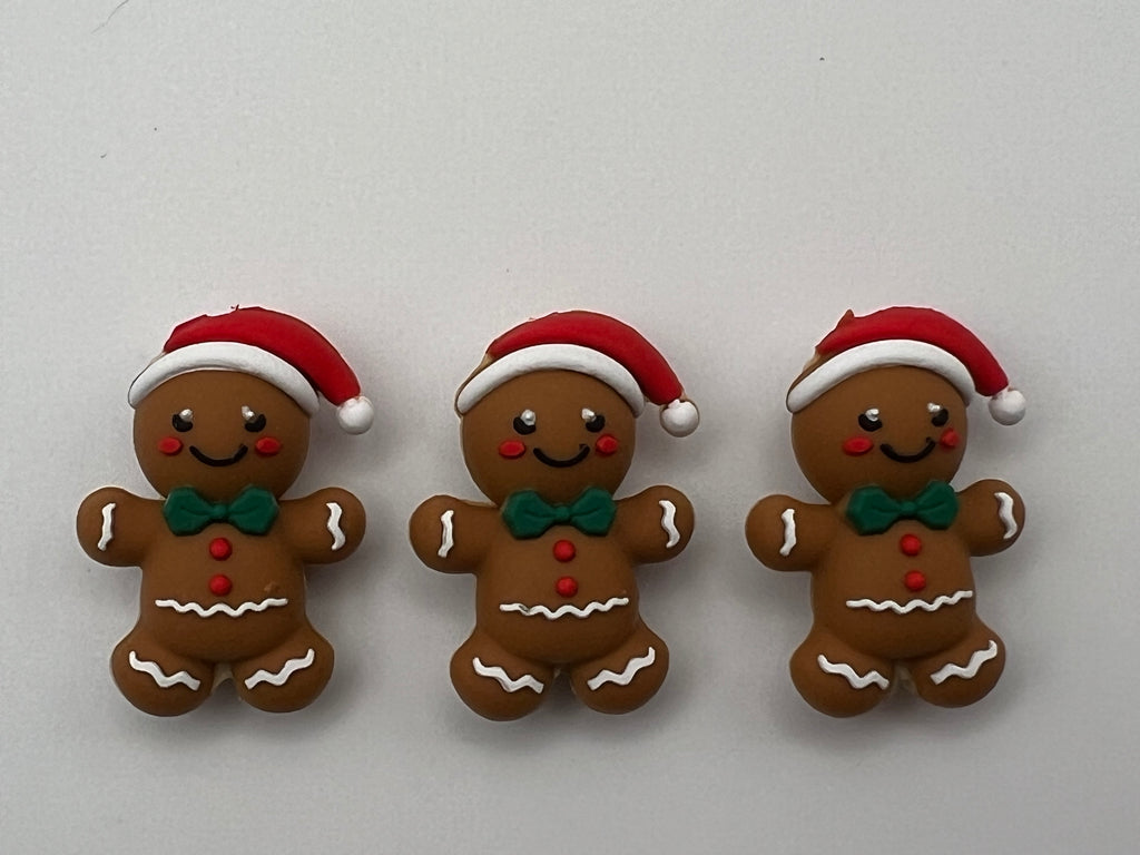 3 Christmas Silicone Focal Beads Gingerbread Man w/Green Bow