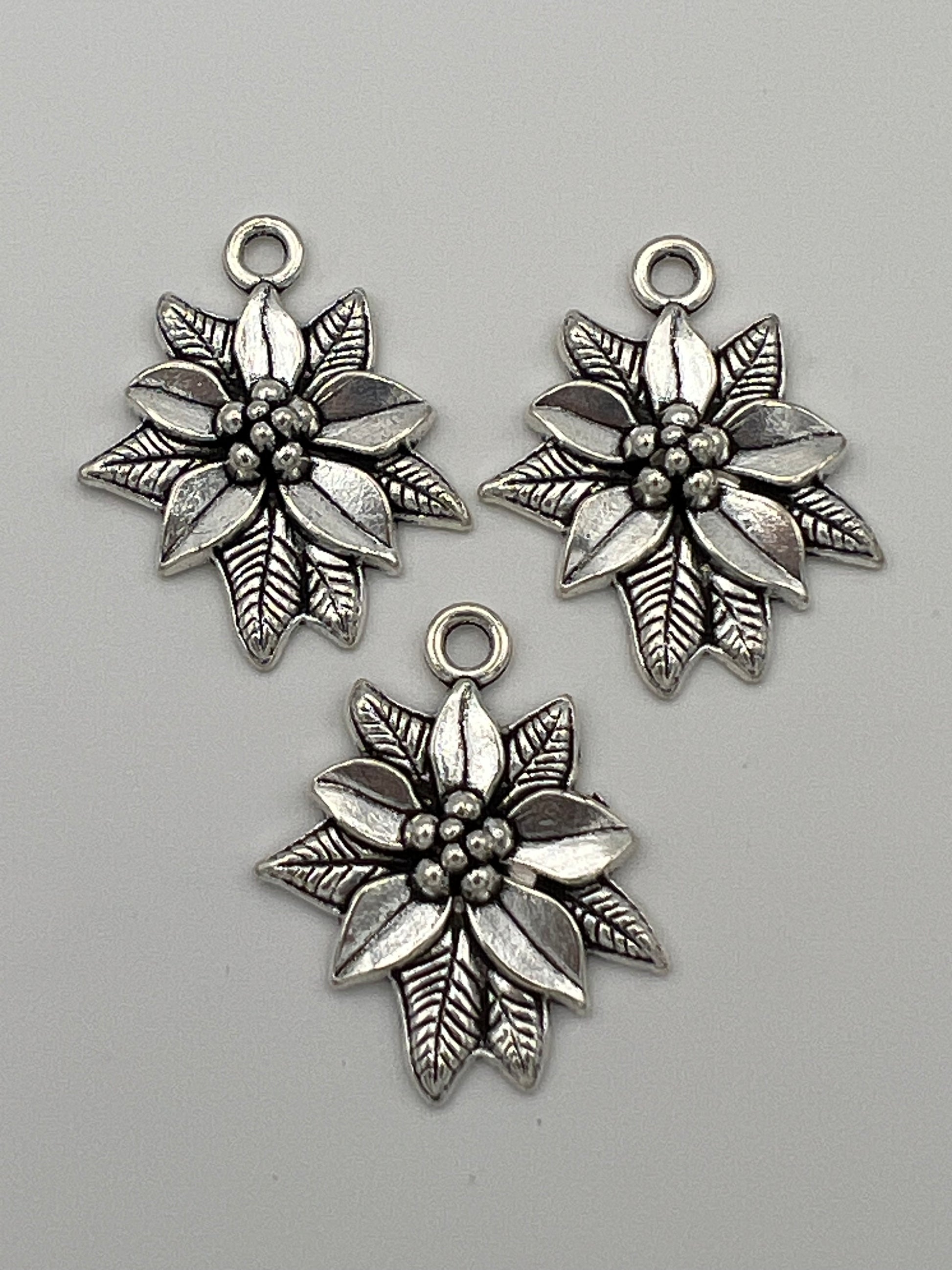 3 Christmas Tibetan Style Pendants Poinsettia