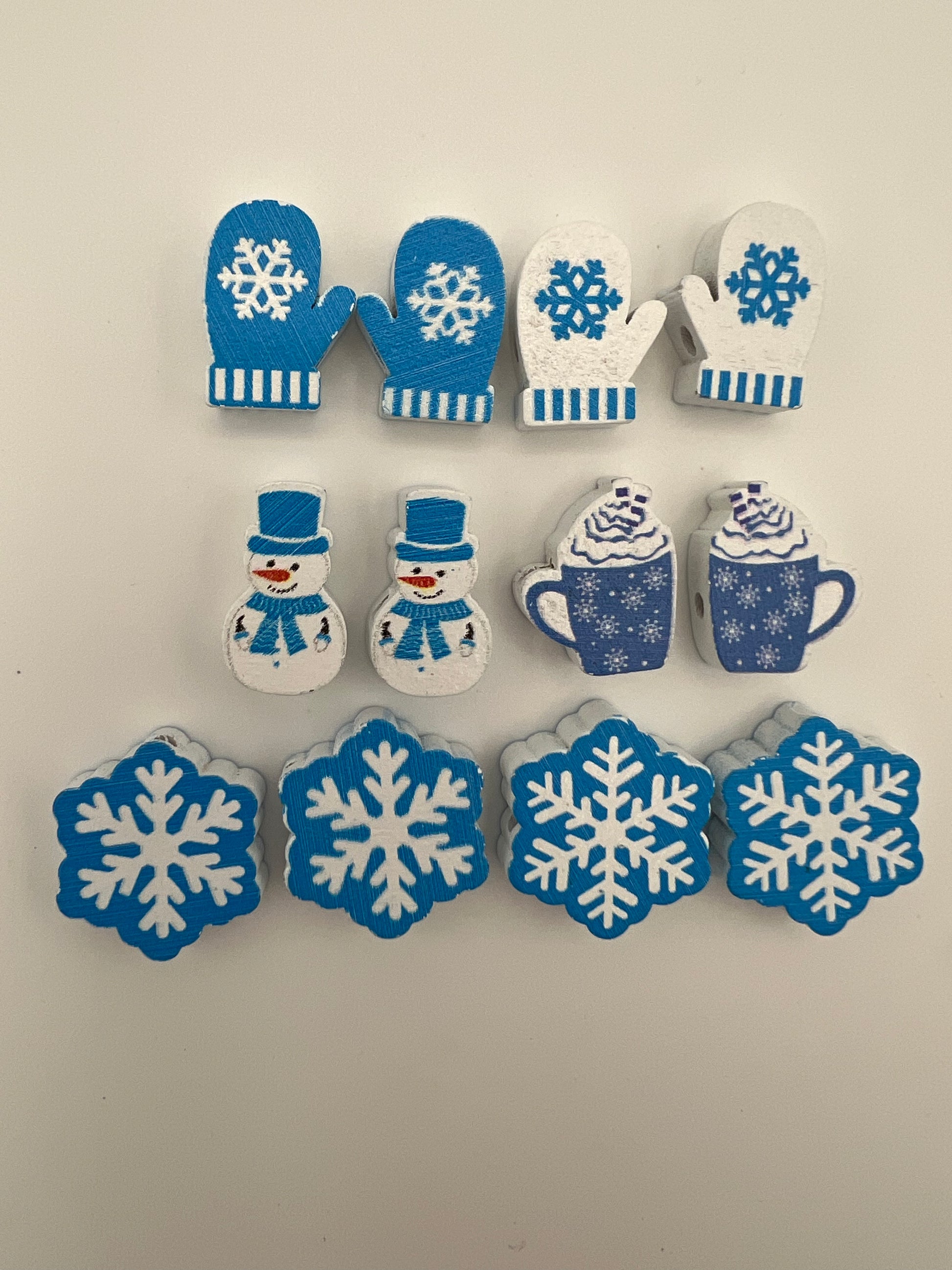 12 Christmas Painted Wood Beads Mixed Shapes