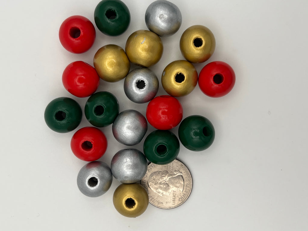20 16mm Christmas Painted Wood Beads Mixed Colors