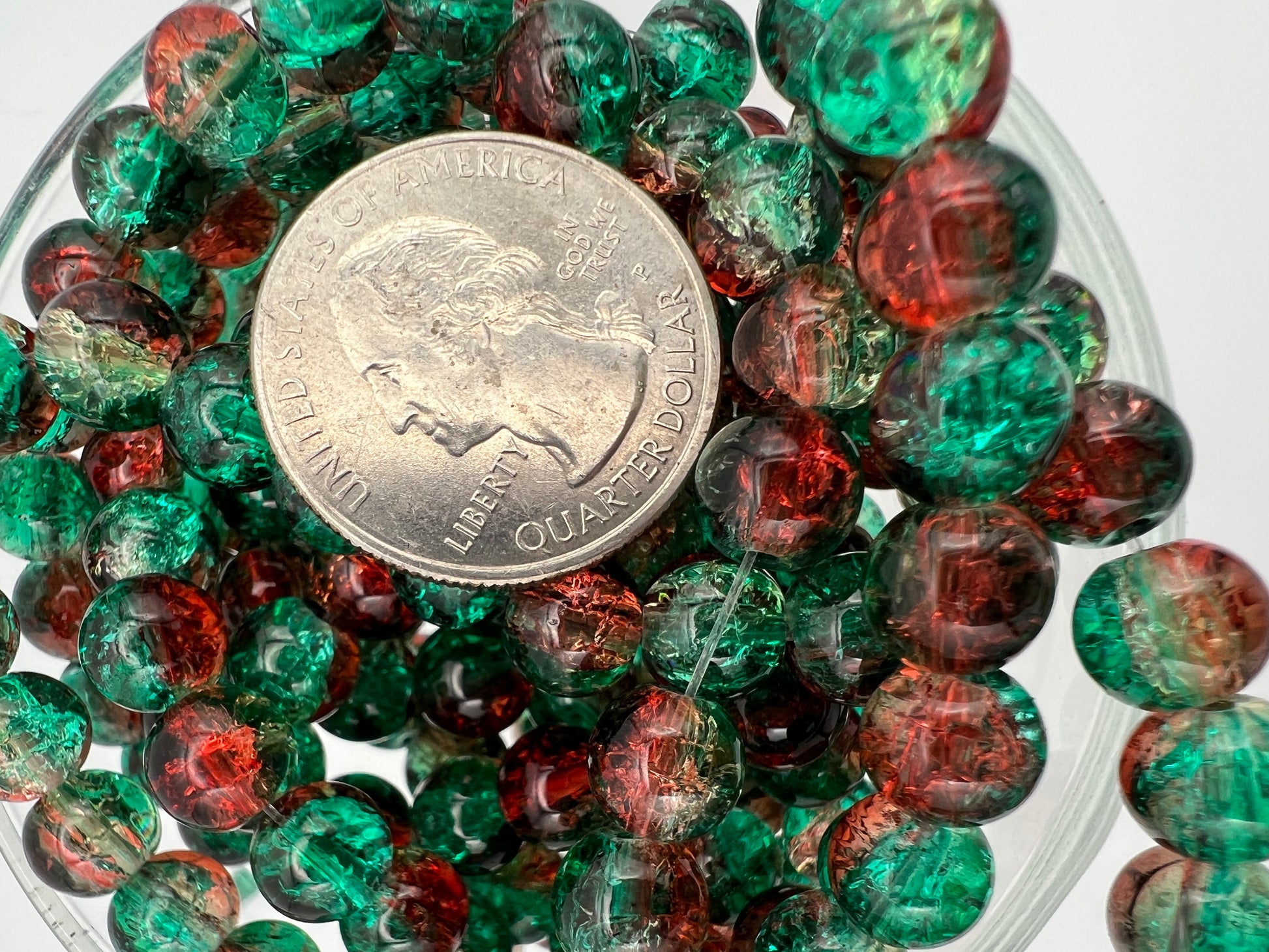 50 8mm Two-Tone Crackle Glass Beads Christmas Cheer