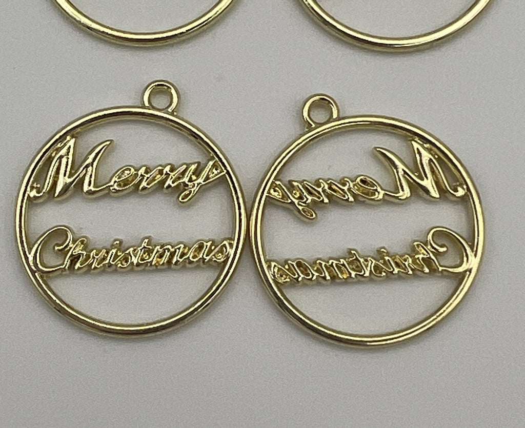 Golden round pendants with 'Merry Christmas' text inside. Set of 4.